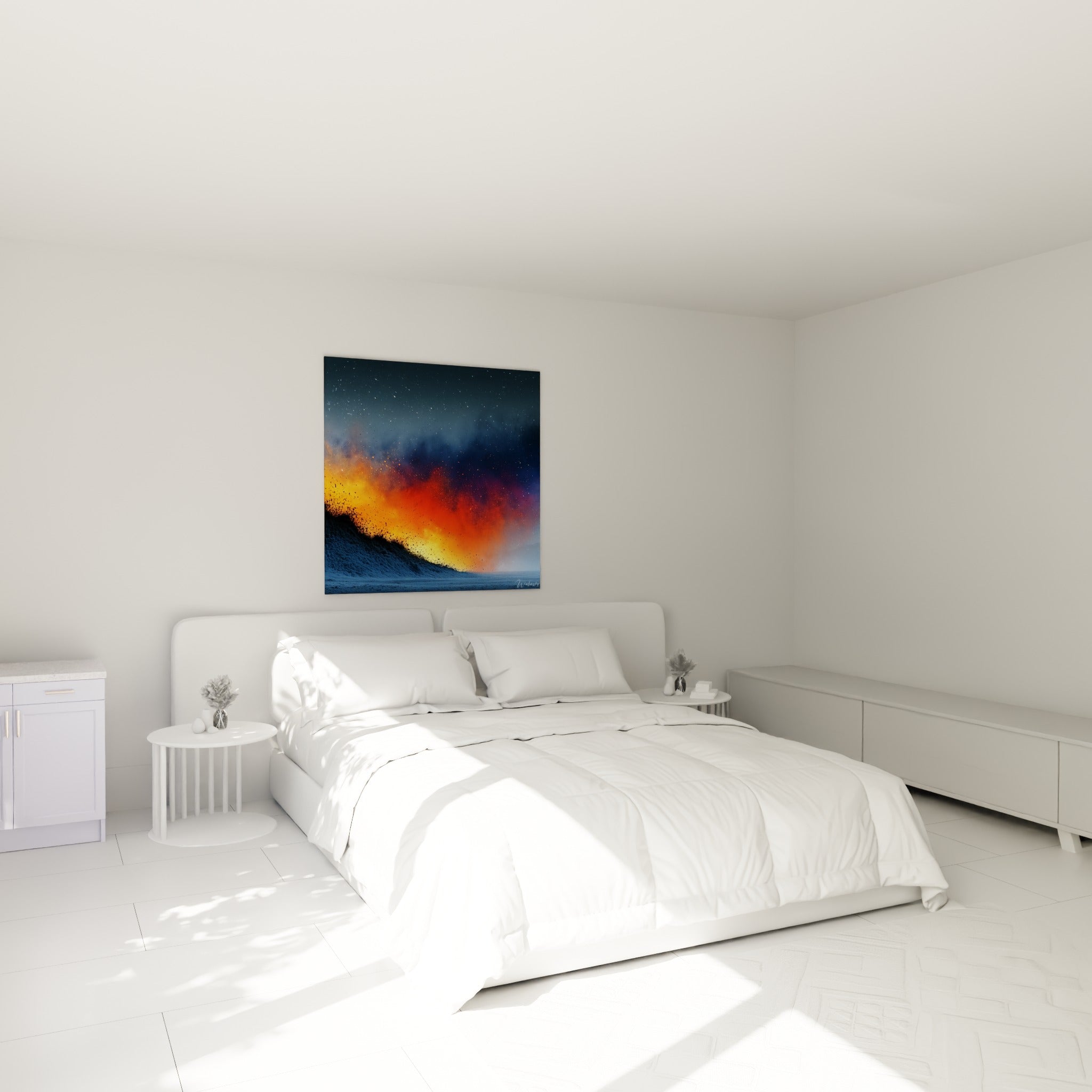 Déflagration ardente aux tons orange et bleu profond au-dessus d'un lit dans une chambre claire