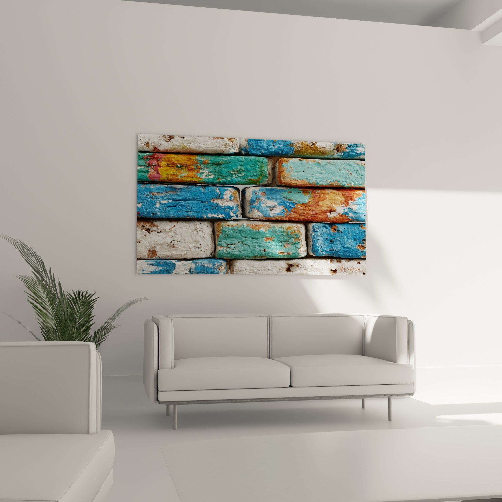 Composition de briques bleu marine et ocre rouillé au-dessus d'un canapé dans un salon lumineux