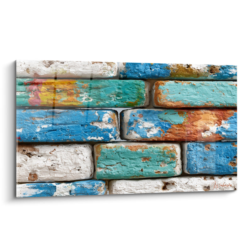 Tableau Mur de briques bleues et turquoise écaillées - Mémoire du littoral - Edition Abstrait Coloré