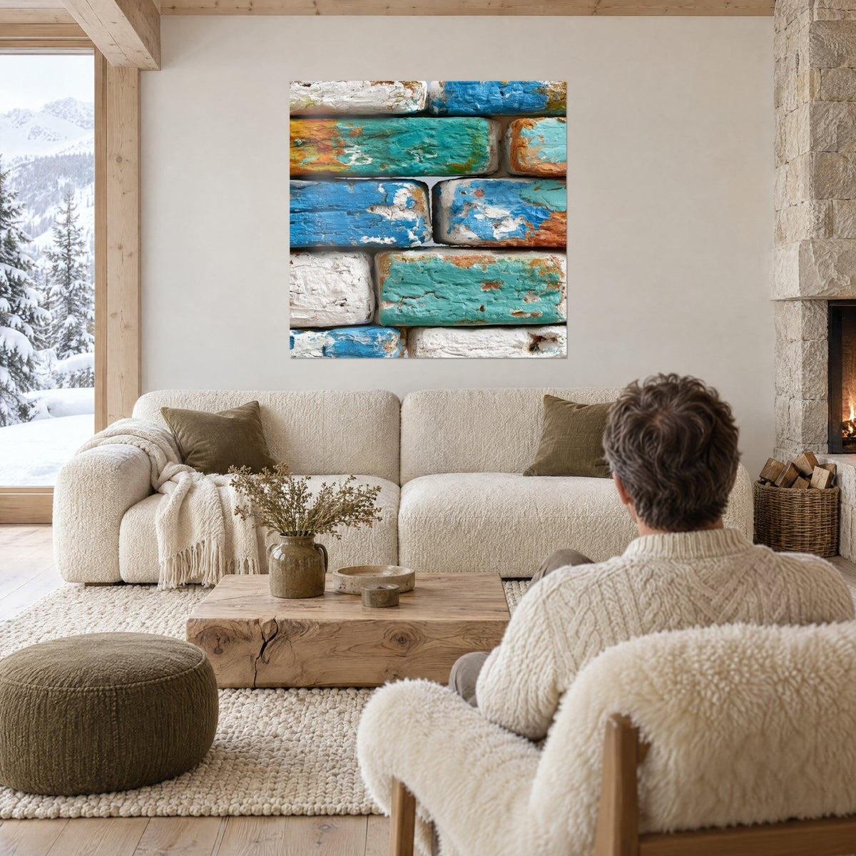 Gemälde mit türkisfarbenen und blauen, abblätternden Ziegeln, rissige Farbe auf weißem Putz, über einem Sofa in einem hellen Wohnzimmer