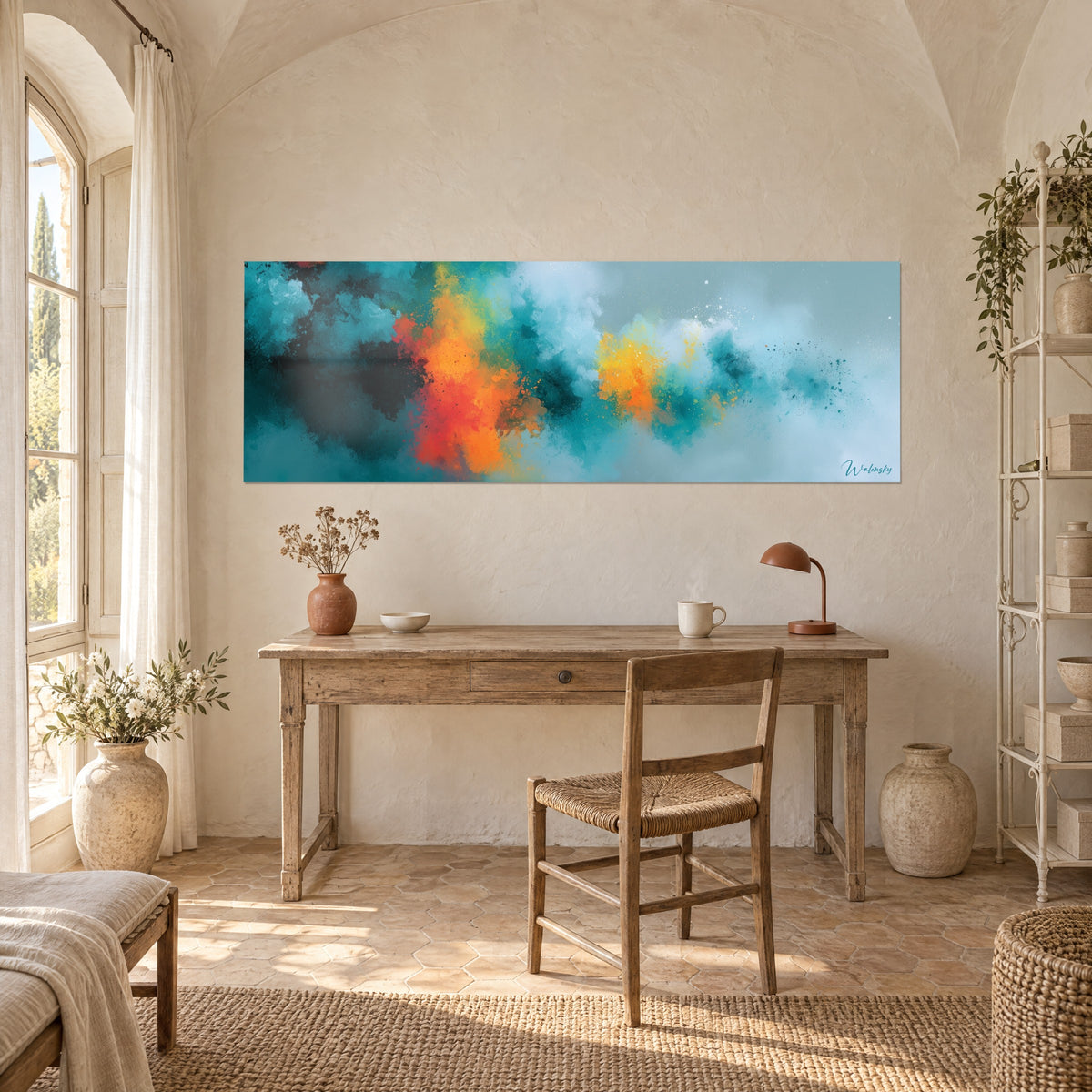 Schilderij turquoise nevel doorboord door oranje vlammen, gele vlekken en witte druppeltjes, boven een bureau van licht hout