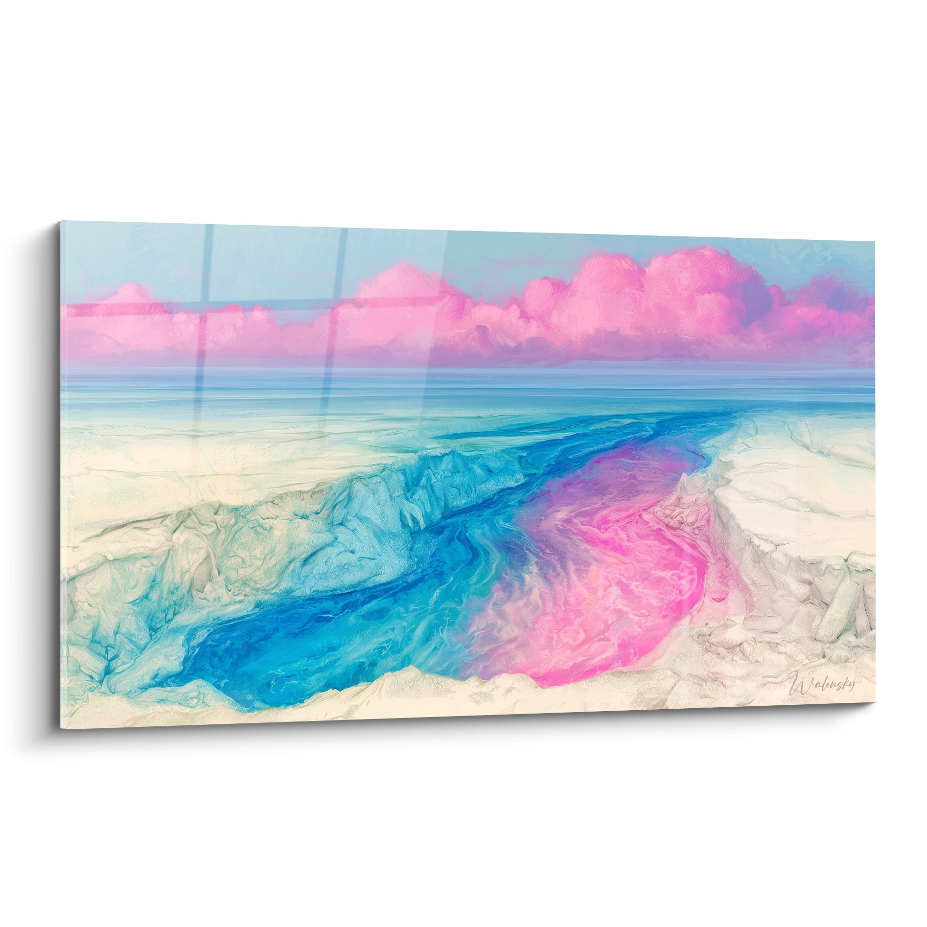 Canyon peint en turquoise et rose fuchsia, faille minérale sous un ciel de nuages roses