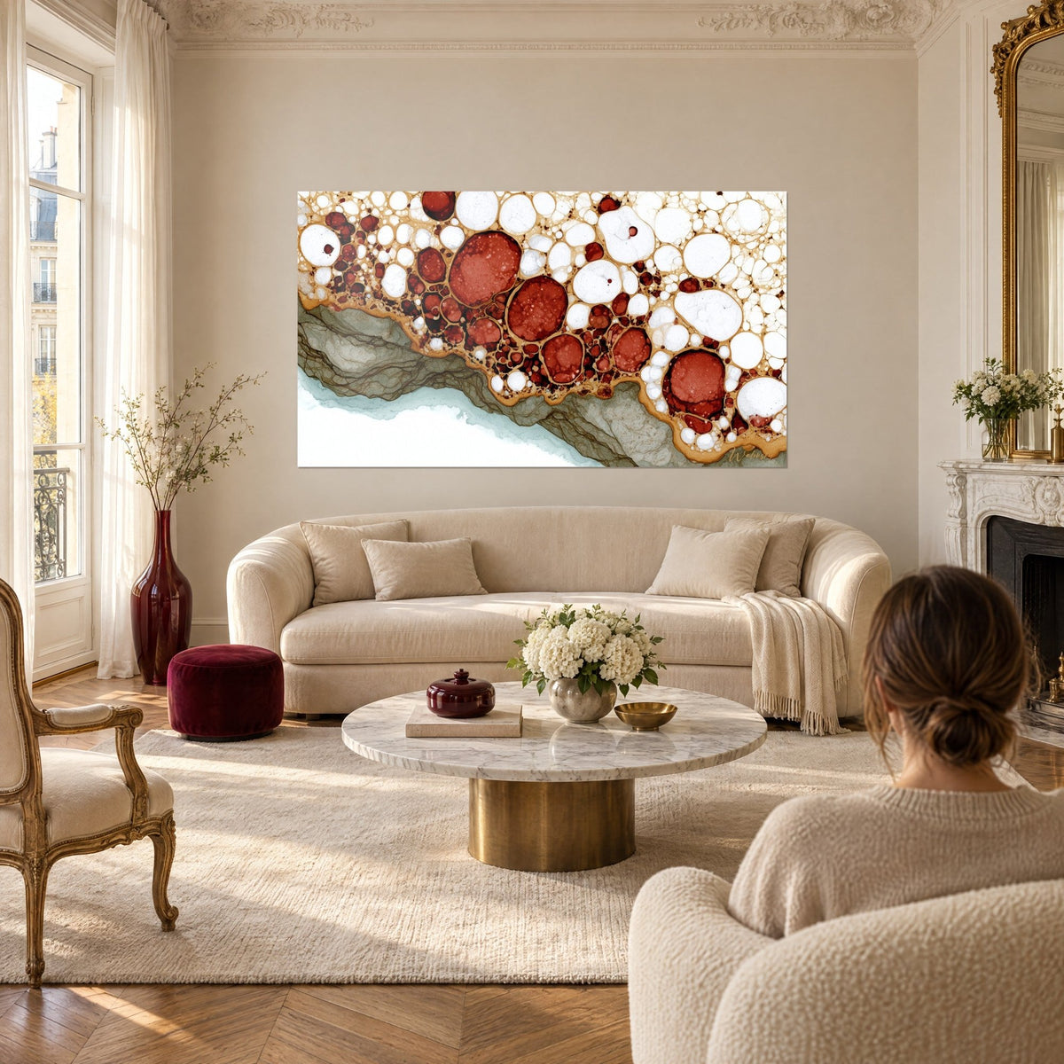 Schilderij met baksteenrode en witte cellulaire bellen op een gouden lint, verweerde groene rand, vrouw van achteren, boven een bank in een lichte woonkamer