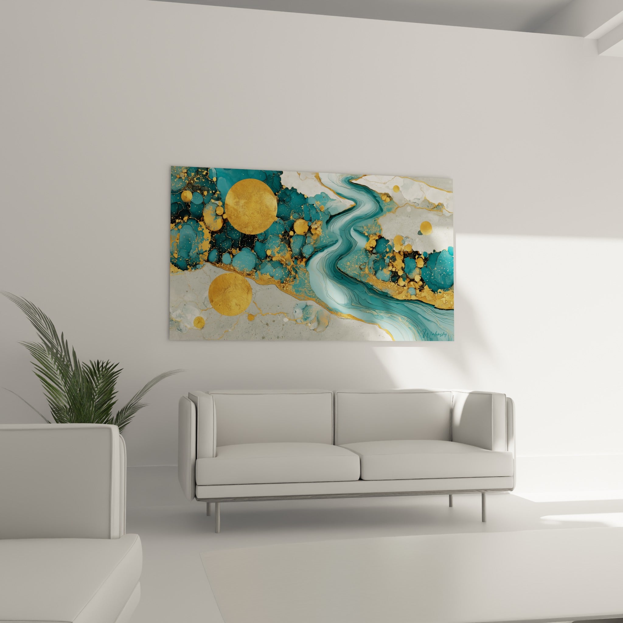 Formes fluides turquoise et or de ce tableau Abstrait Coloré au-dessus d'un canapé dans un salon lumineux