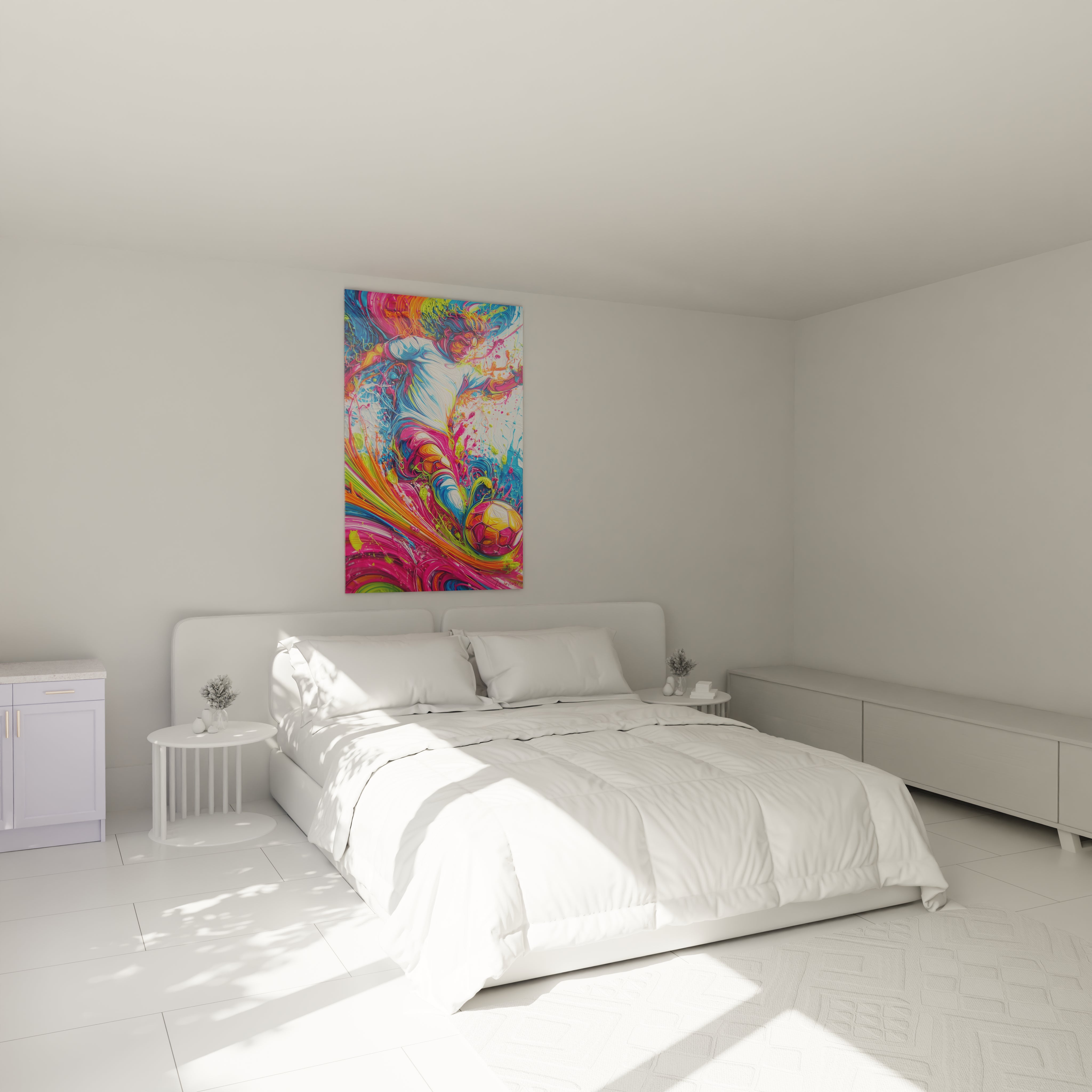 Tableau abstrait multicolore installé dans chambre moderne avec couleurs vives dynamiques