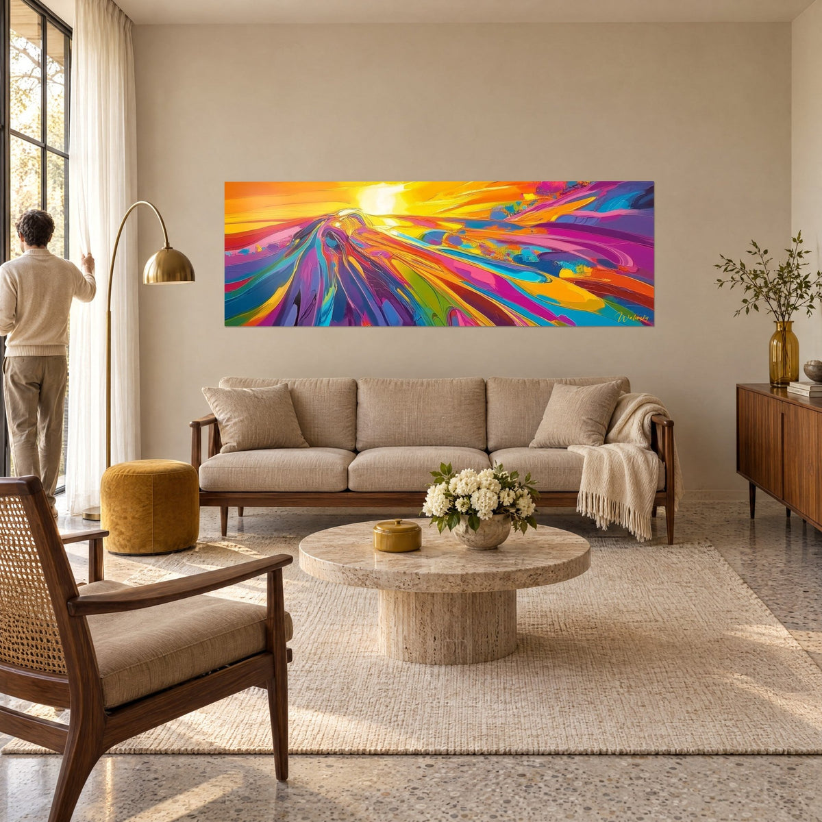 Tableau tourbillon de couleurs, soleil jaune éclatant et rubans violets, magenta et turquoise, au-dessus d'un canapé dans un salon lumineux