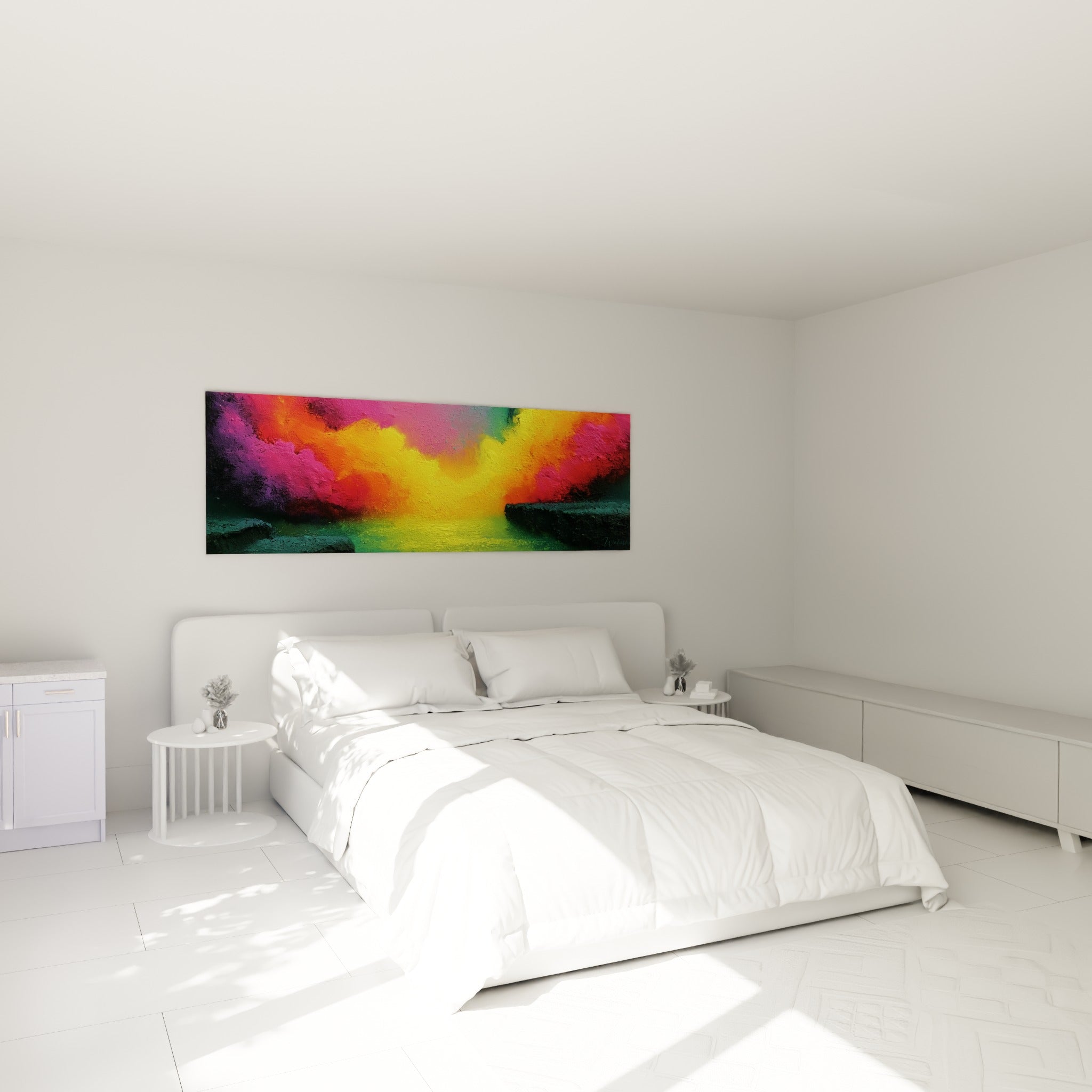 Ciel abstrait pourpre et orange incandescent, tableau accroché au-dessus d'un lit dans une chambre claire