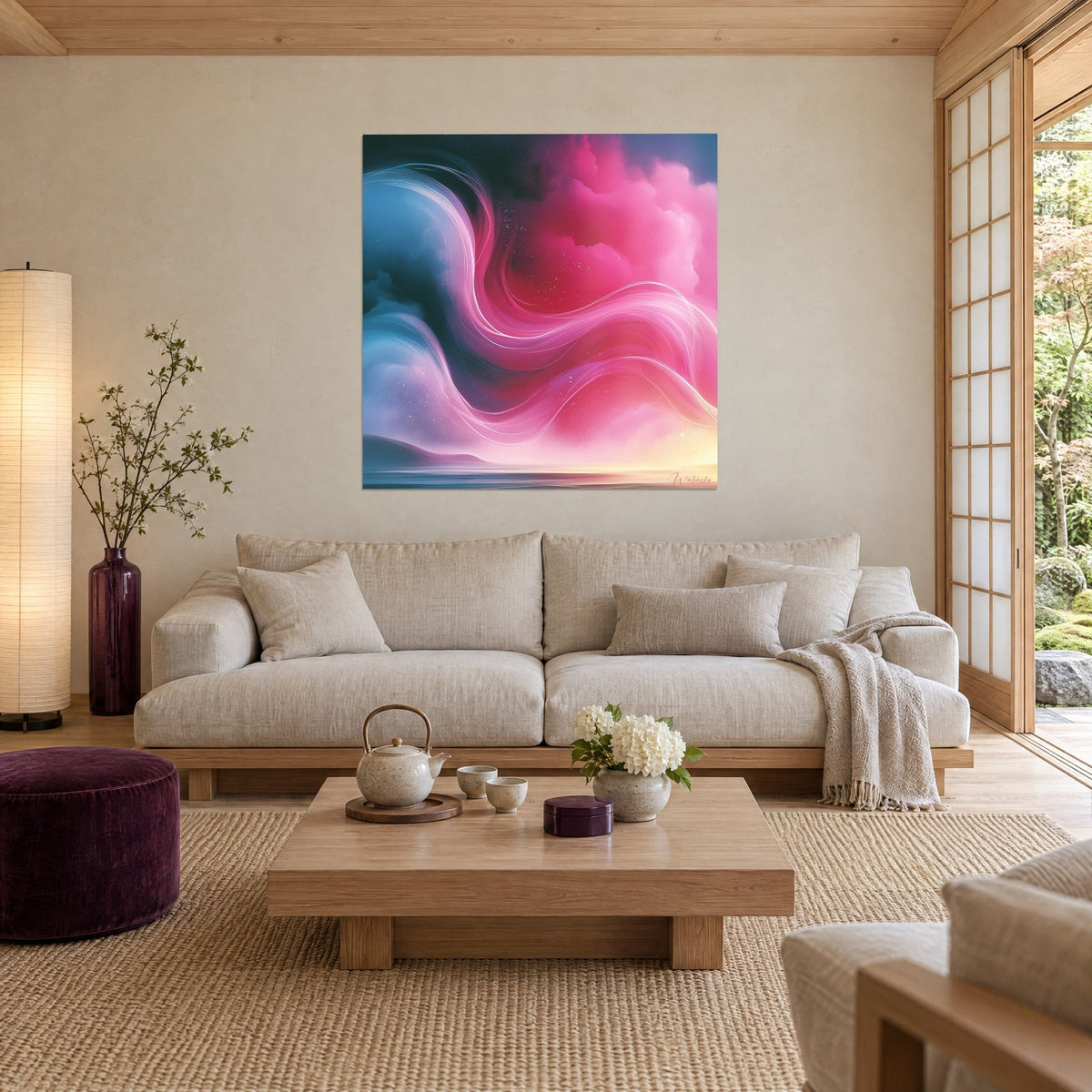 Tableau volutes magenta et bleu nuit tourbillonnant vers un horizon doré, au-dessus d'un canapé dans un salon lumineux