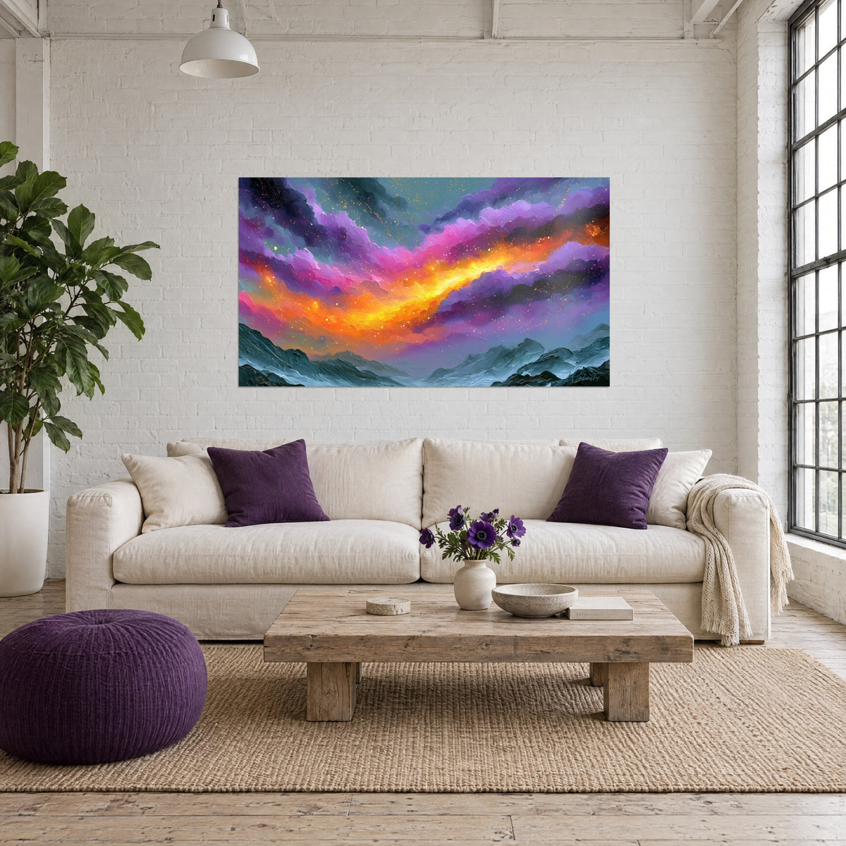 Gemälde leuchtender Nebel, violetter Himmel mit goldenem Orange über blaugrauen Graten, über einem Sofa in einem hellen Wohnzimmer