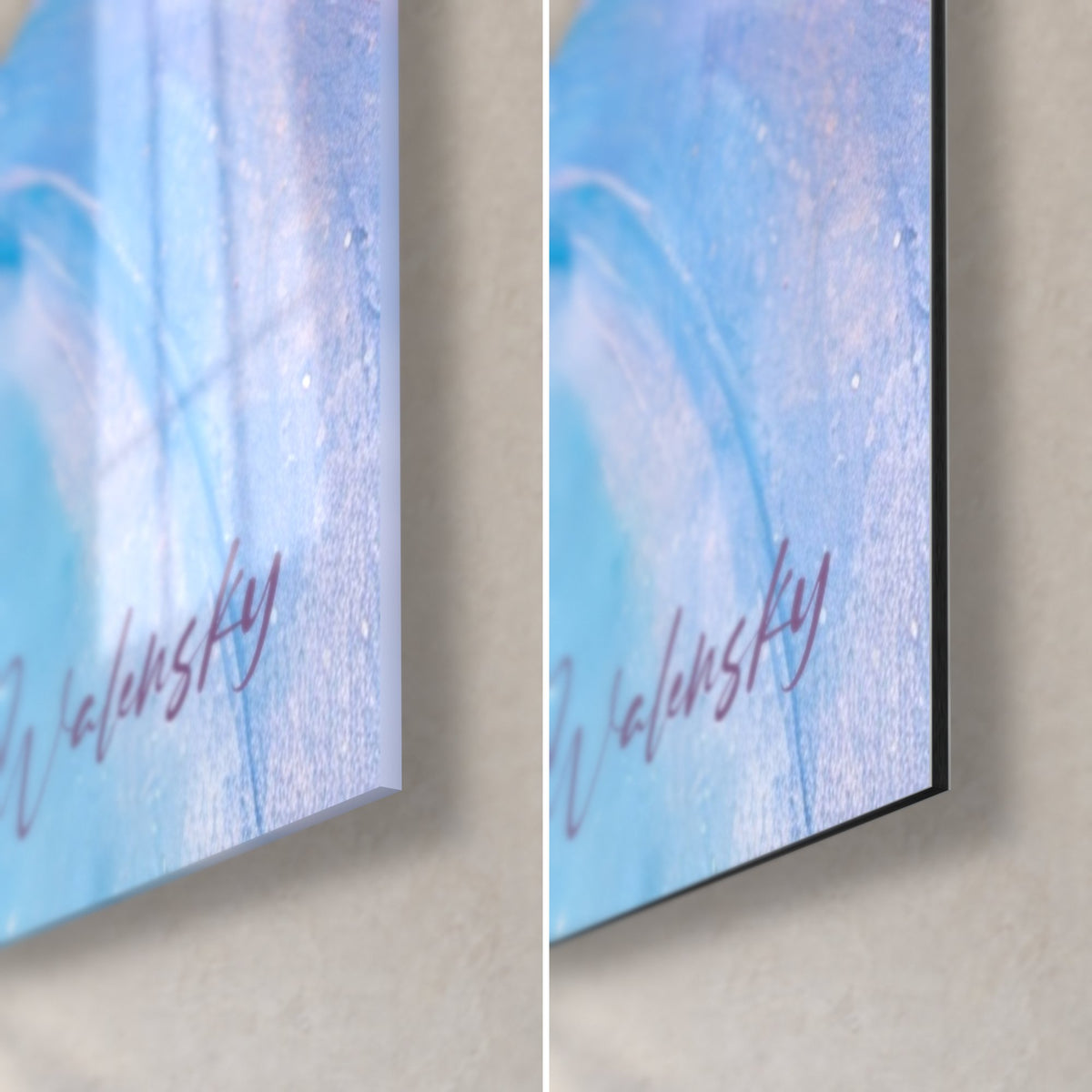Tableau vague pastel rose et bleu azur, coin bas droit : verre acrylique brillant à gauche, alu Dibond mat à droite, tranche 3 mm