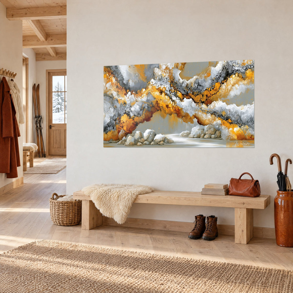 Tableau éruption glacée aux veines safran et gris perle, rochers clairs au premier plan, vu de trois-quarts, banc en bois d'un chalet