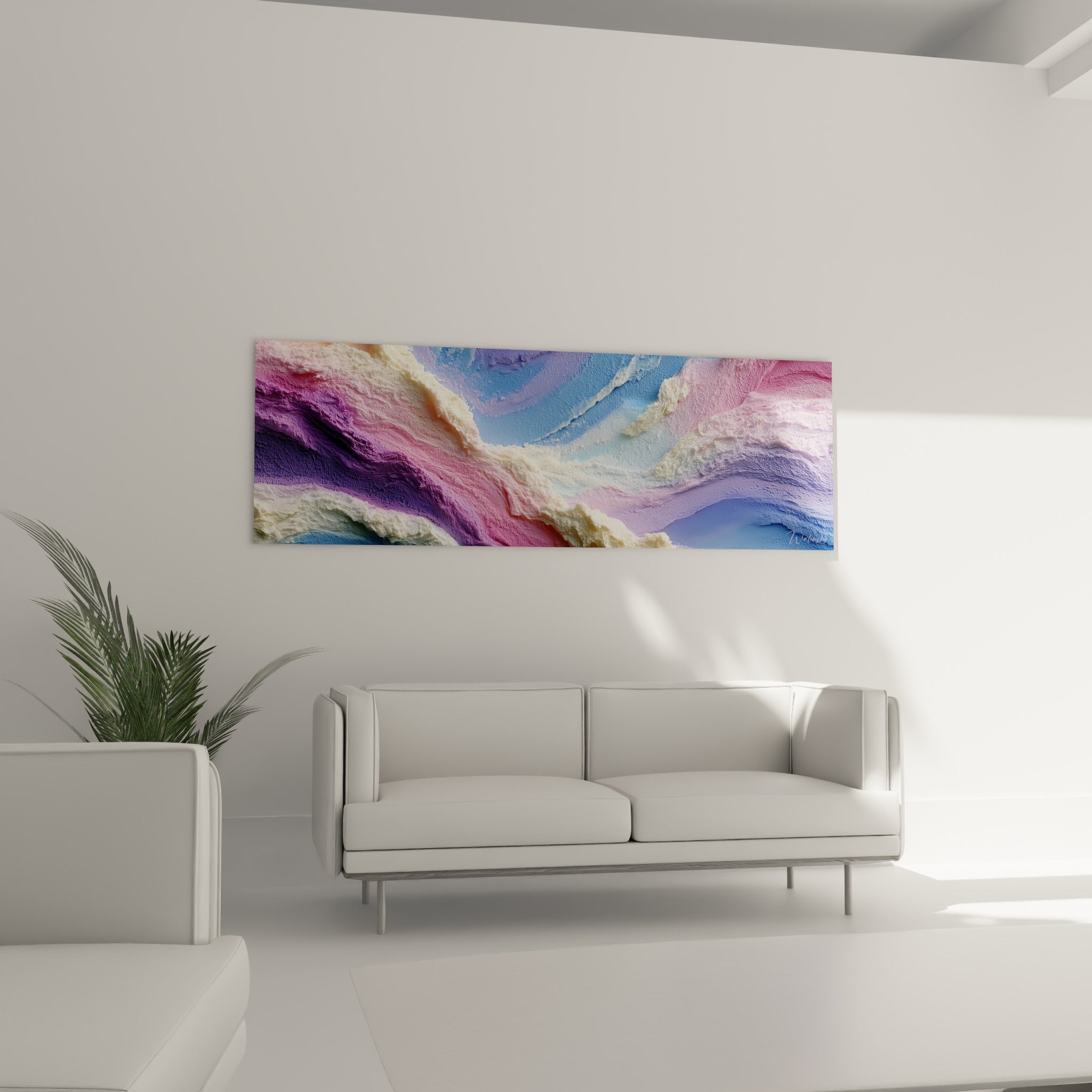 Coulées roses et bleu pastel en relief crayeux, positionnées au-dessus d'un canapé dans un salon lumineux