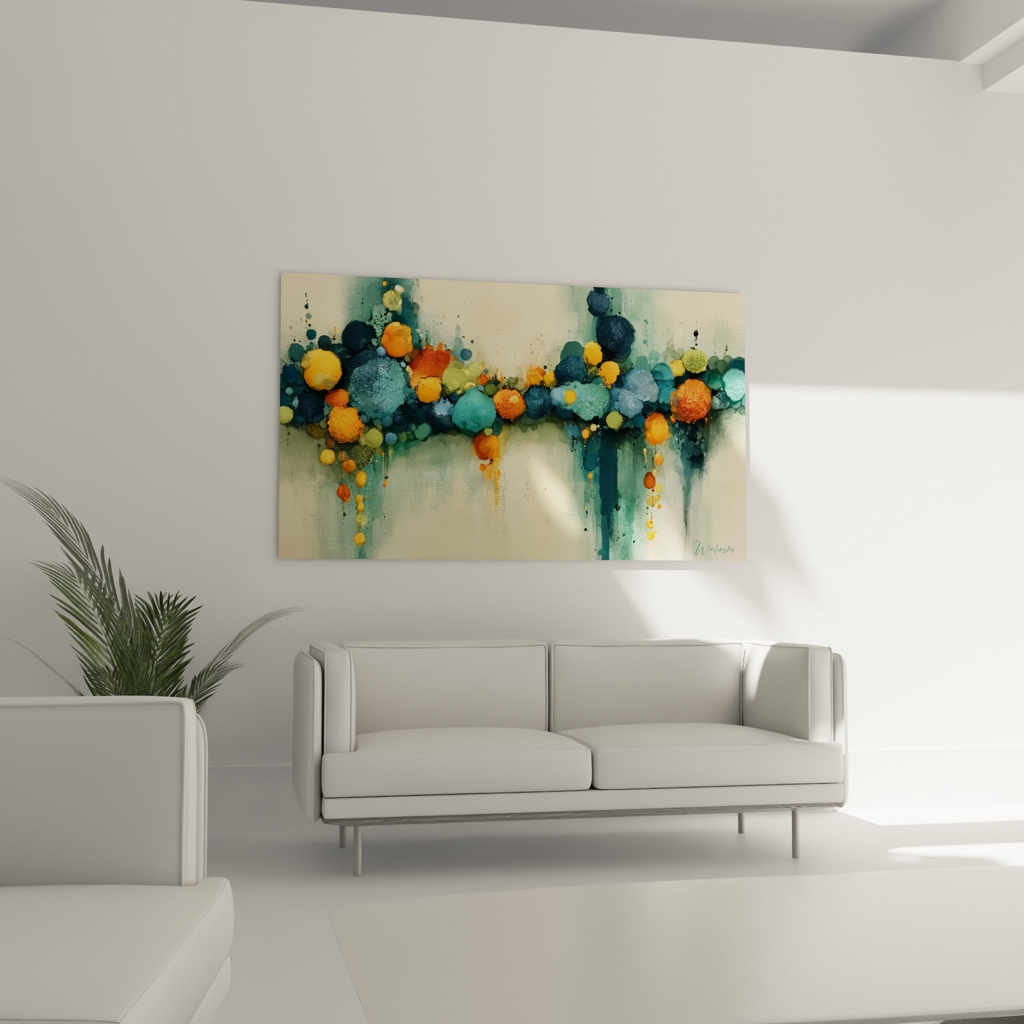 Coulures anthracite et touches orangées vibrantes, tableau abstrait au-dessus d'un canapé dans un salon lumineux