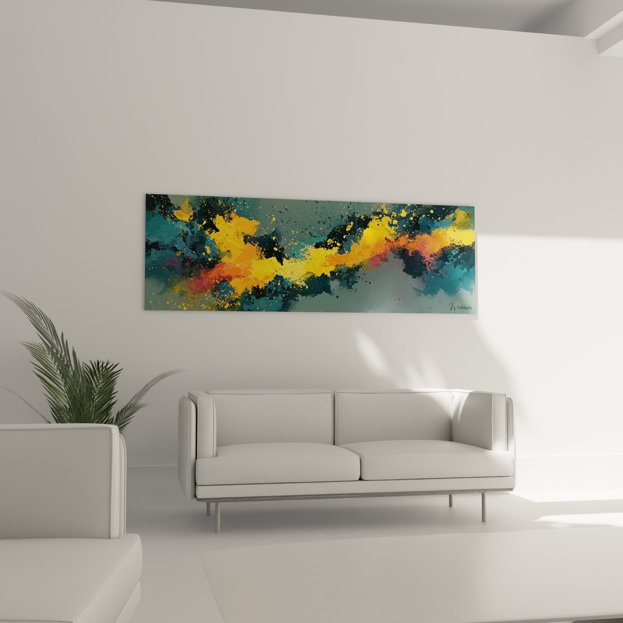 Coulures dorées et touches rouges illuminent un ciel bleu pétrole, au-dessus d'un canapé dans un salon lumineux
