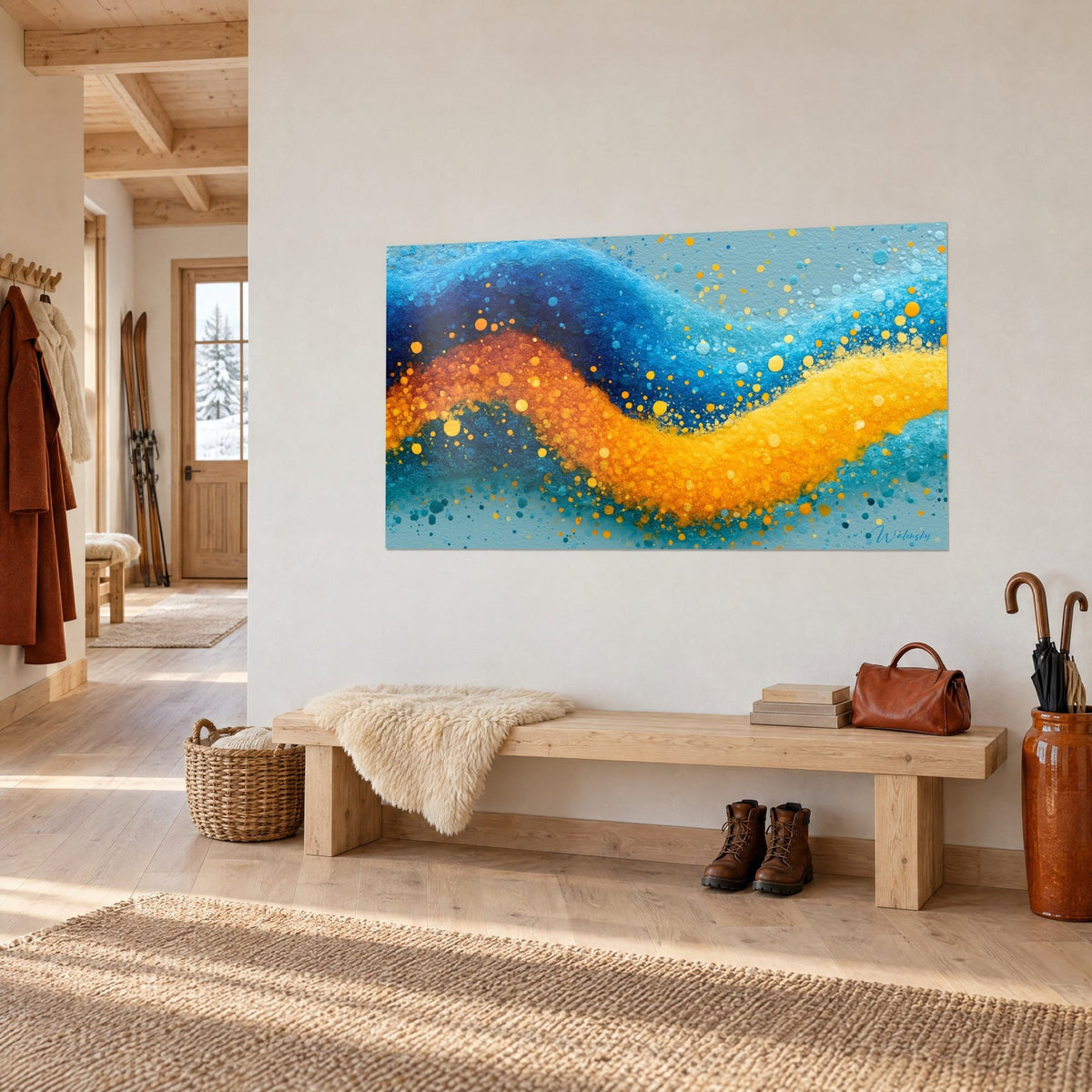Tableau onde de grains safran et turquoise parsemée de bulles dorées, accroché au-dessus d'un banc en bois d'un chalet