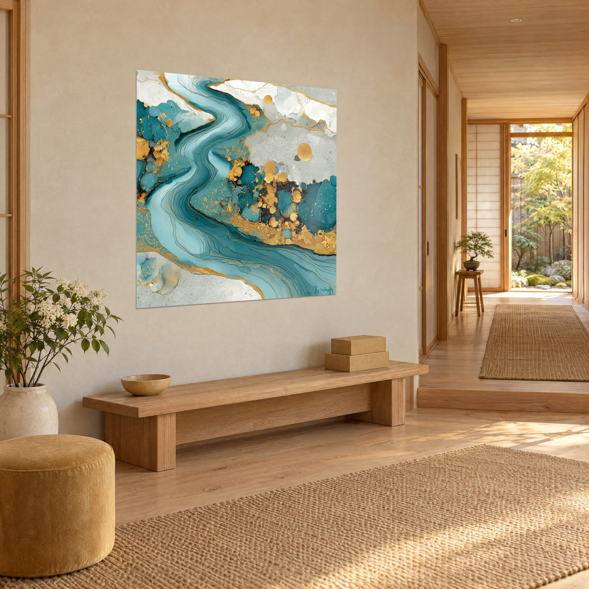 Tableau méandre aquatique bleu-vert aux veinures noires et paillettes dorées, mur beige près d'un banc en bois japandi