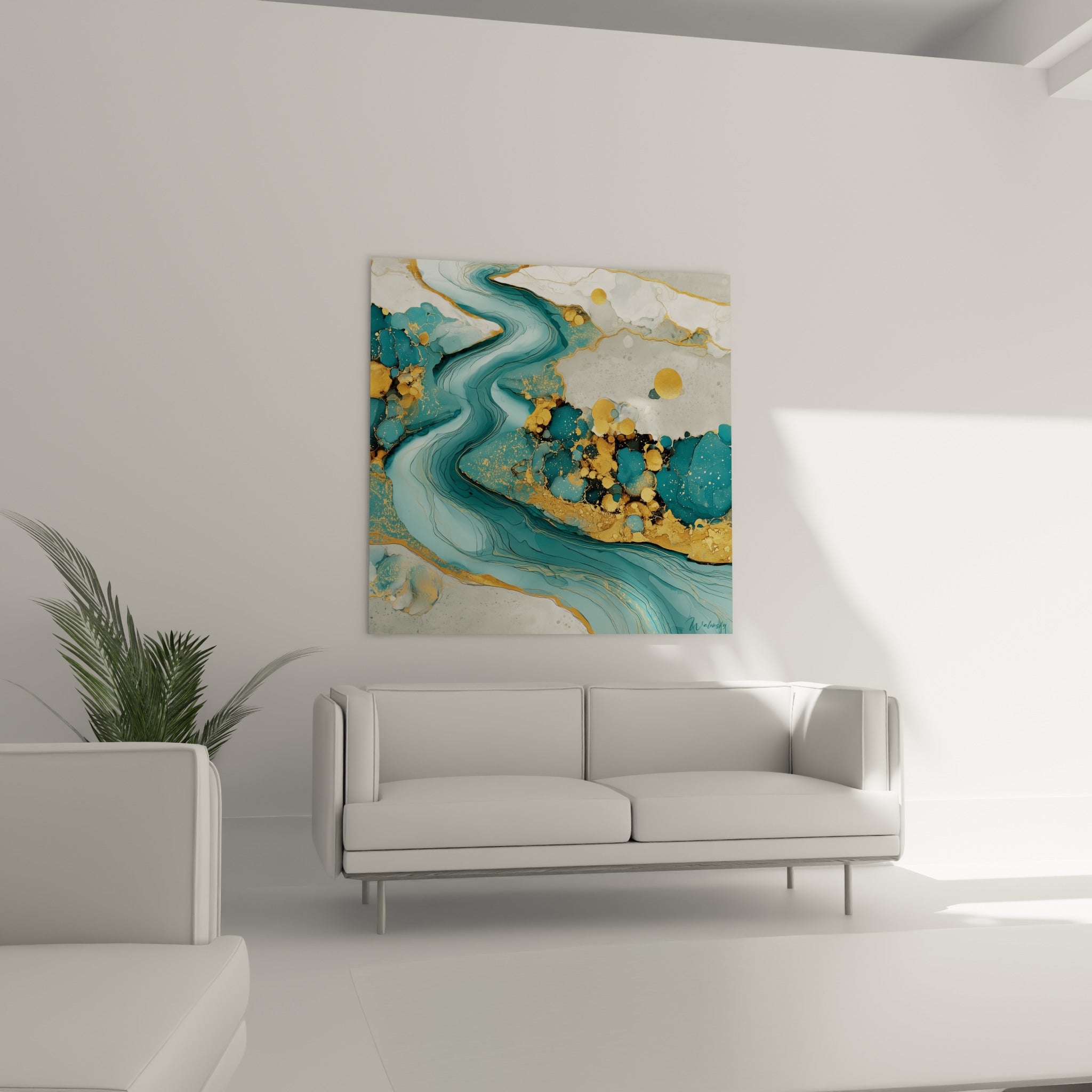 Courbes bleu sarcelle et dorées se déployant au-dessus d'un canapé dans un salon lumineux, œuvre Abstrait Coloré
