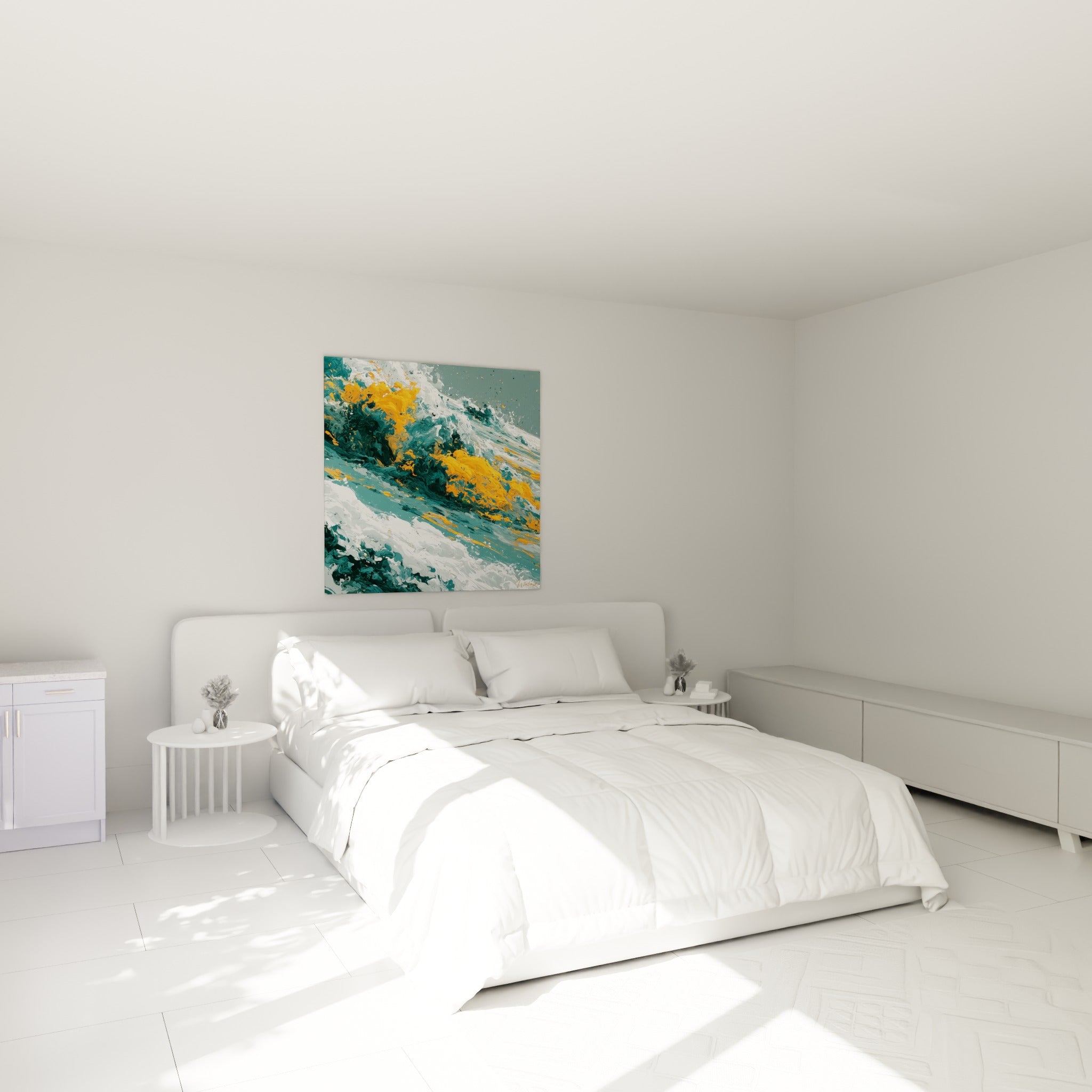 Déferlante orange et anthracite peinte en style fluide, accrochée au-dessus d'un lit dans une chambre claire