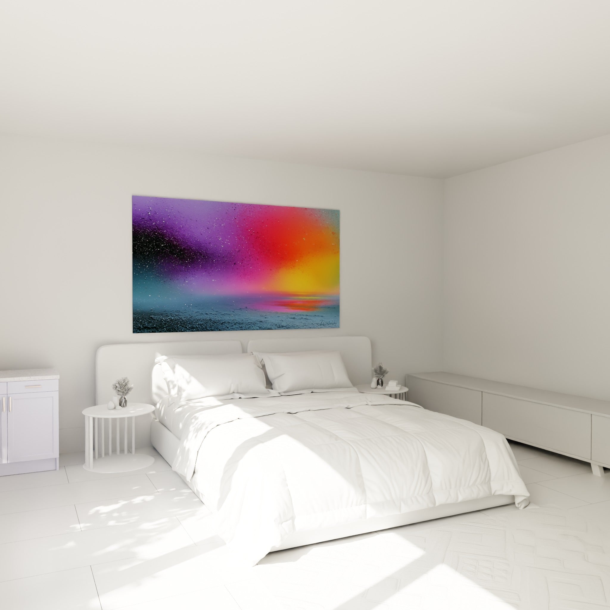 Gouttelettes colorées entre bleu marine et rouge incandescent, au-dessus d'un lit dans une chambre claire