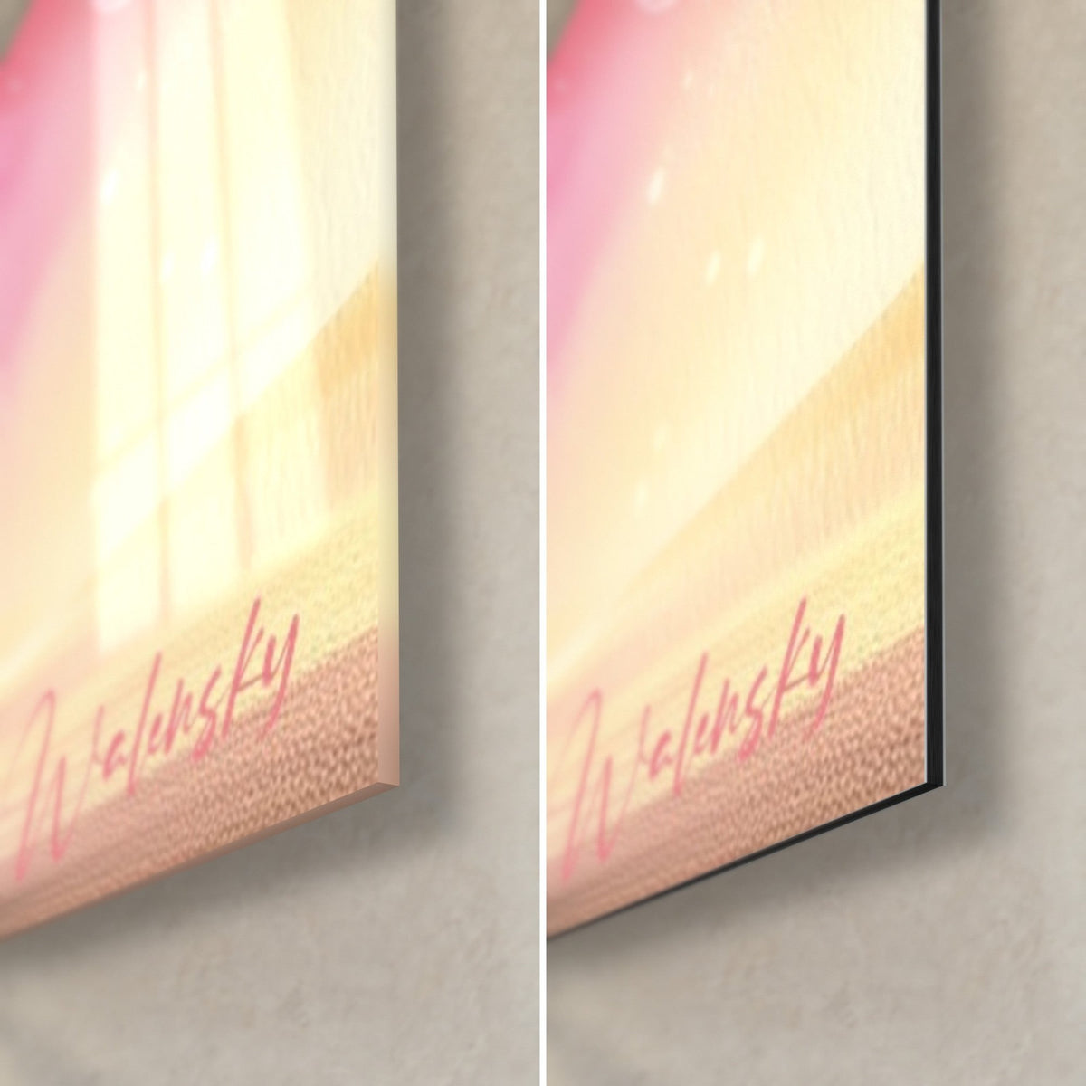Tableau ciel abstrait rose et jaune pâle, coin bas droit : signature Walensky, verre brillant à gauche, Dibond mat à droite