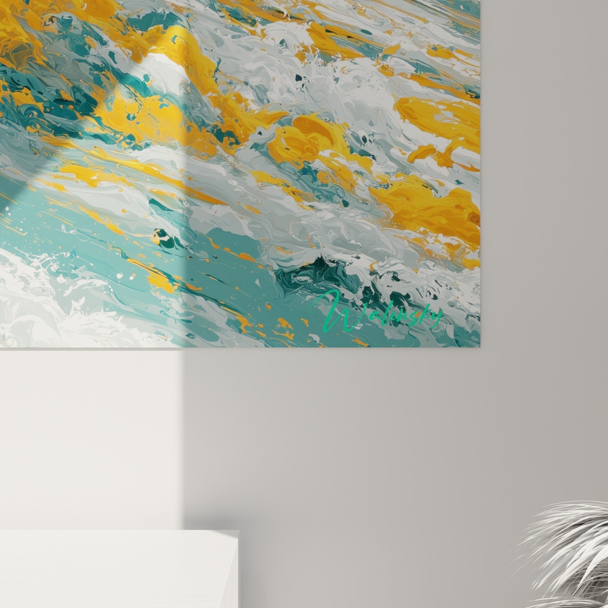 Détail de la matière picturale montrant les coulures orange et les empâtements bleu sarcelle de la vague peinte