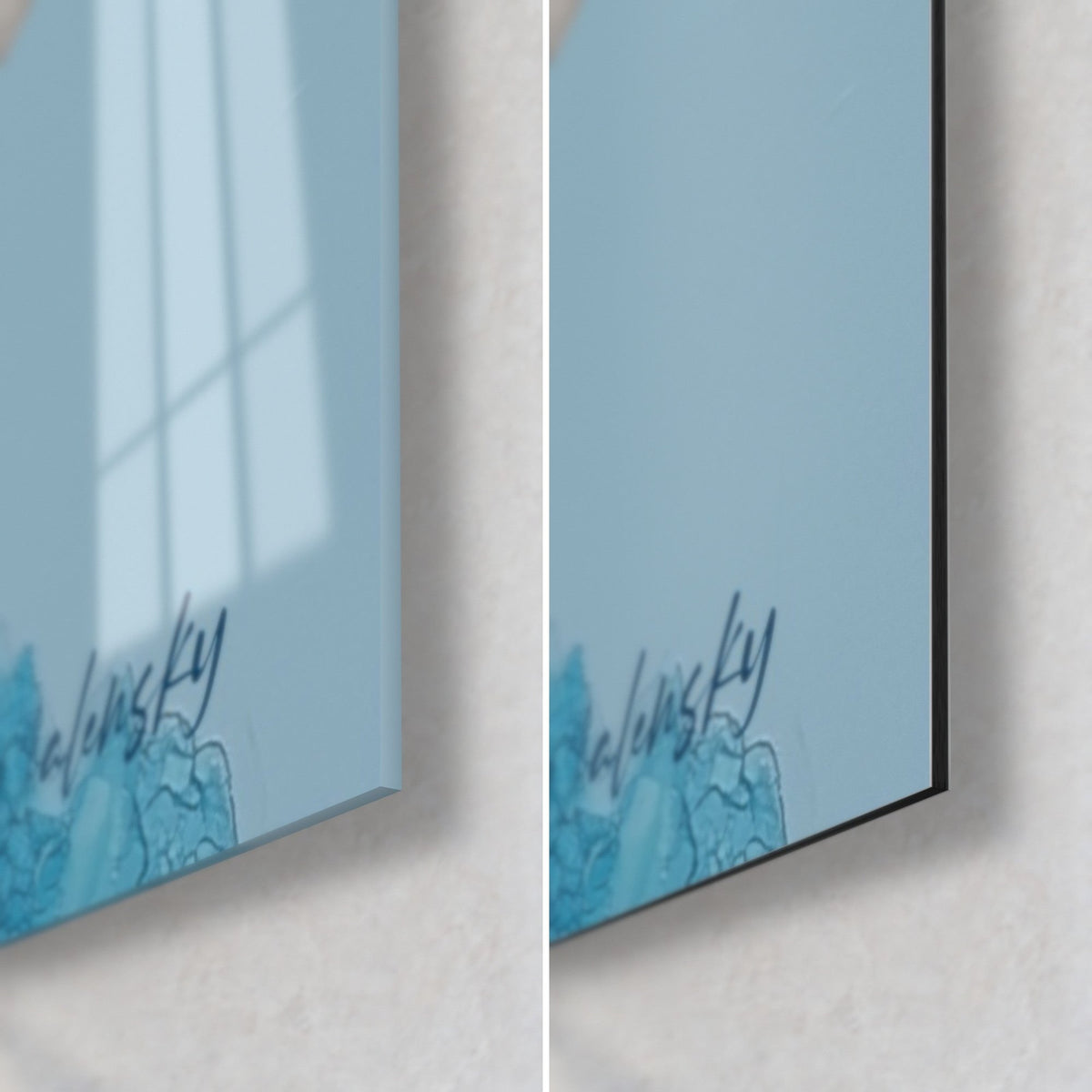 Tableau fleuve bleu et or, coin bas droit : verre acrylique brillant à gauche, alu Dibond mat à droite, tranche de 3 mm