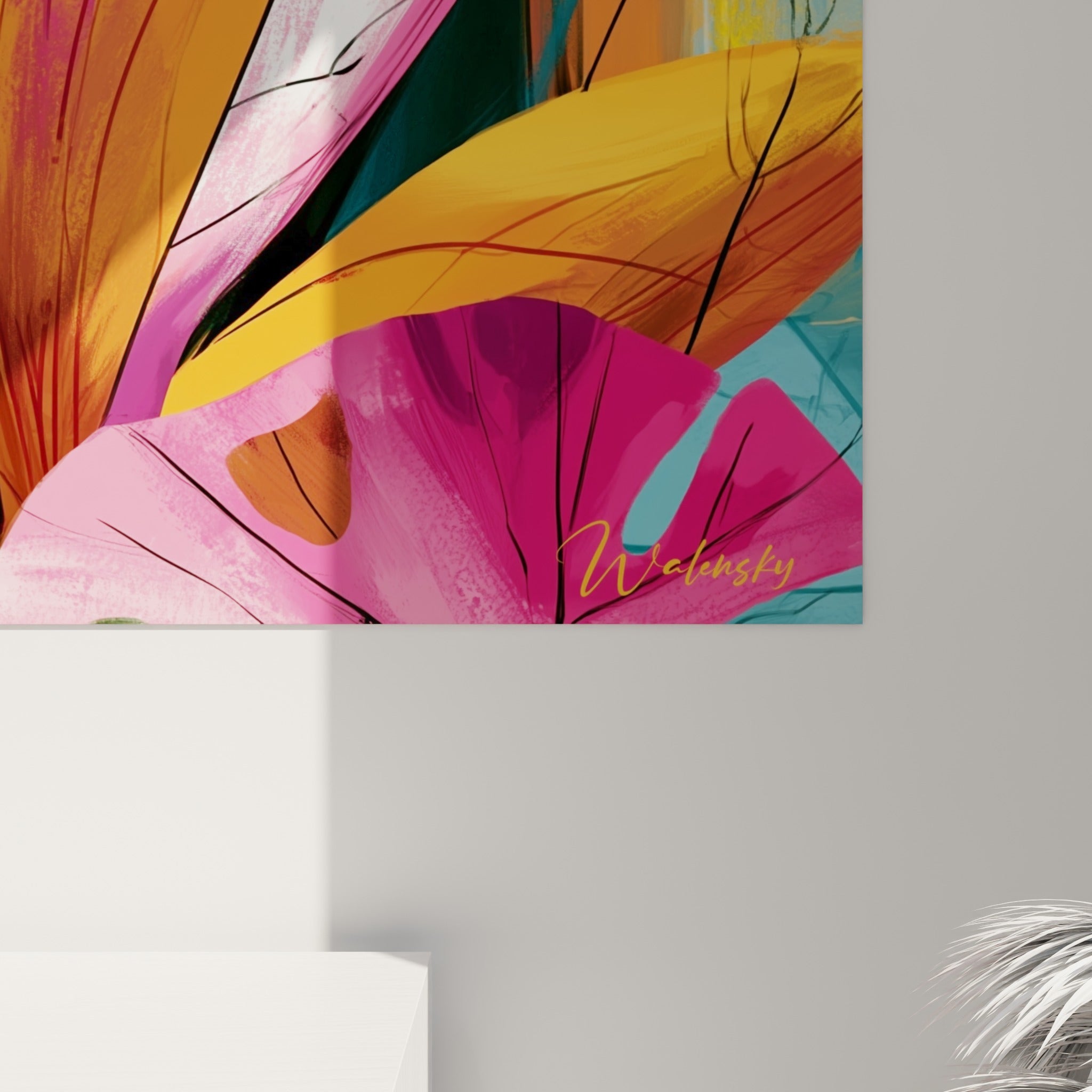 Détail des pétales fuchsia et orange où la matière de l'impression révèle les nuances turquoise en arrière-plan