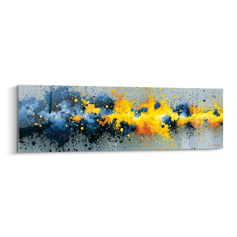 Tableau Éclaboussures bleu marine et jaune sur fond gris - Constellation de gouttelettes - Edition Abstrait Coloré