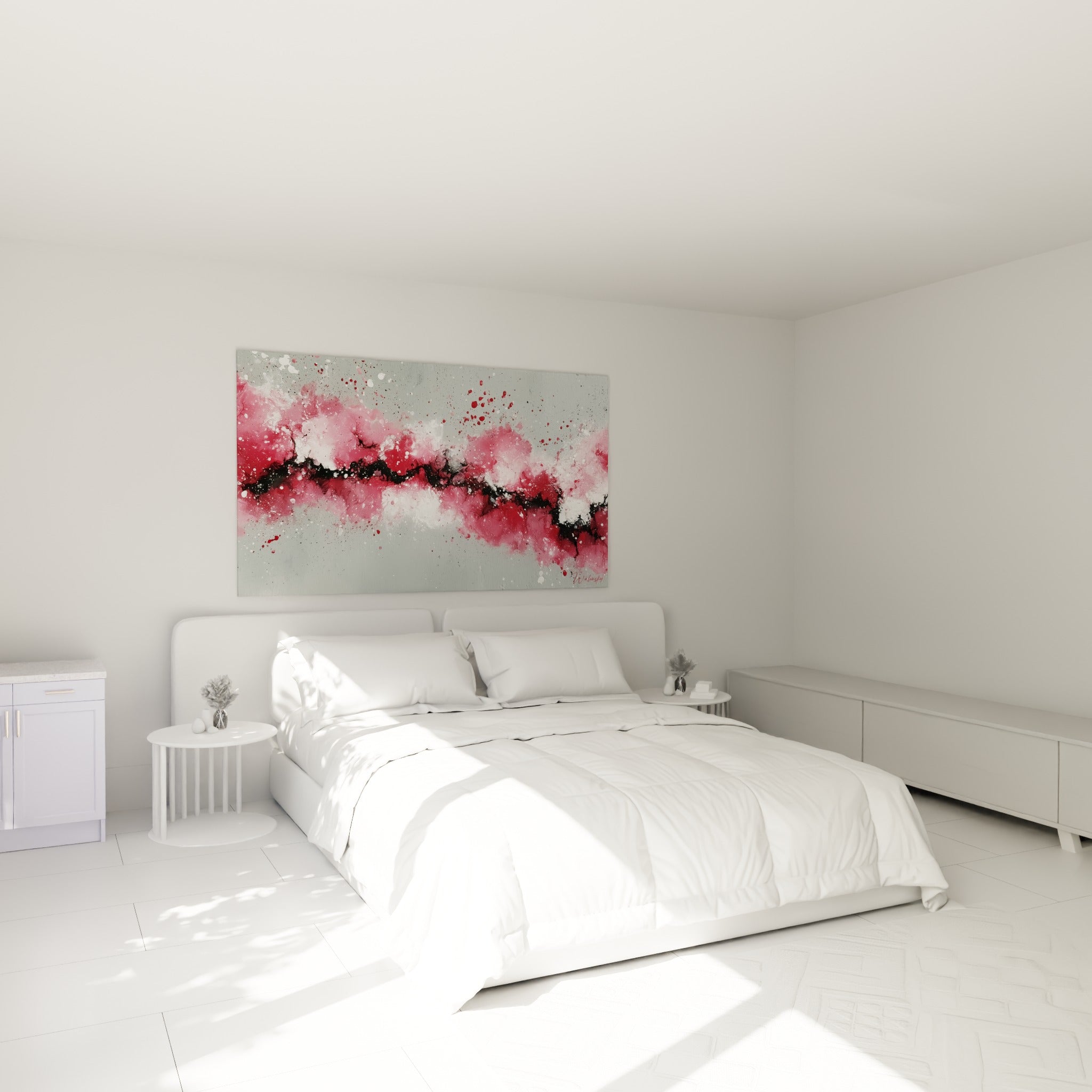 Explosion rose et noire de ce tableau abstrait accrochée au-dessus d'un lit dans une chambre claire