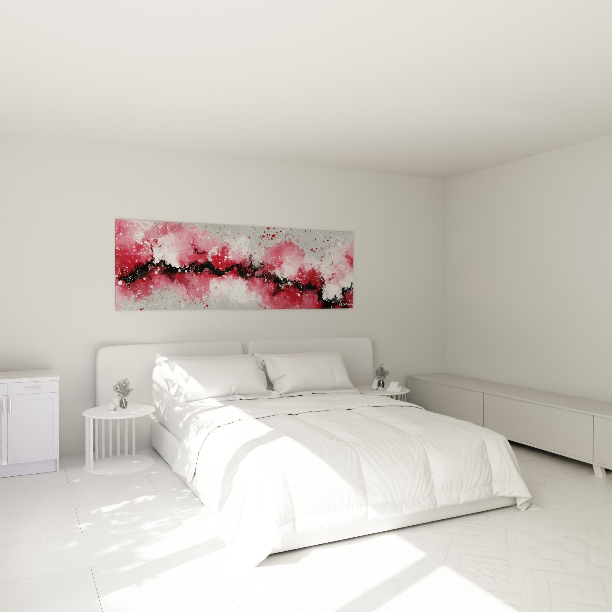 Éclaboussures rouges et grises de ce tableau Abstrait Coloré au-dessus d'un lit dans une chambre claire