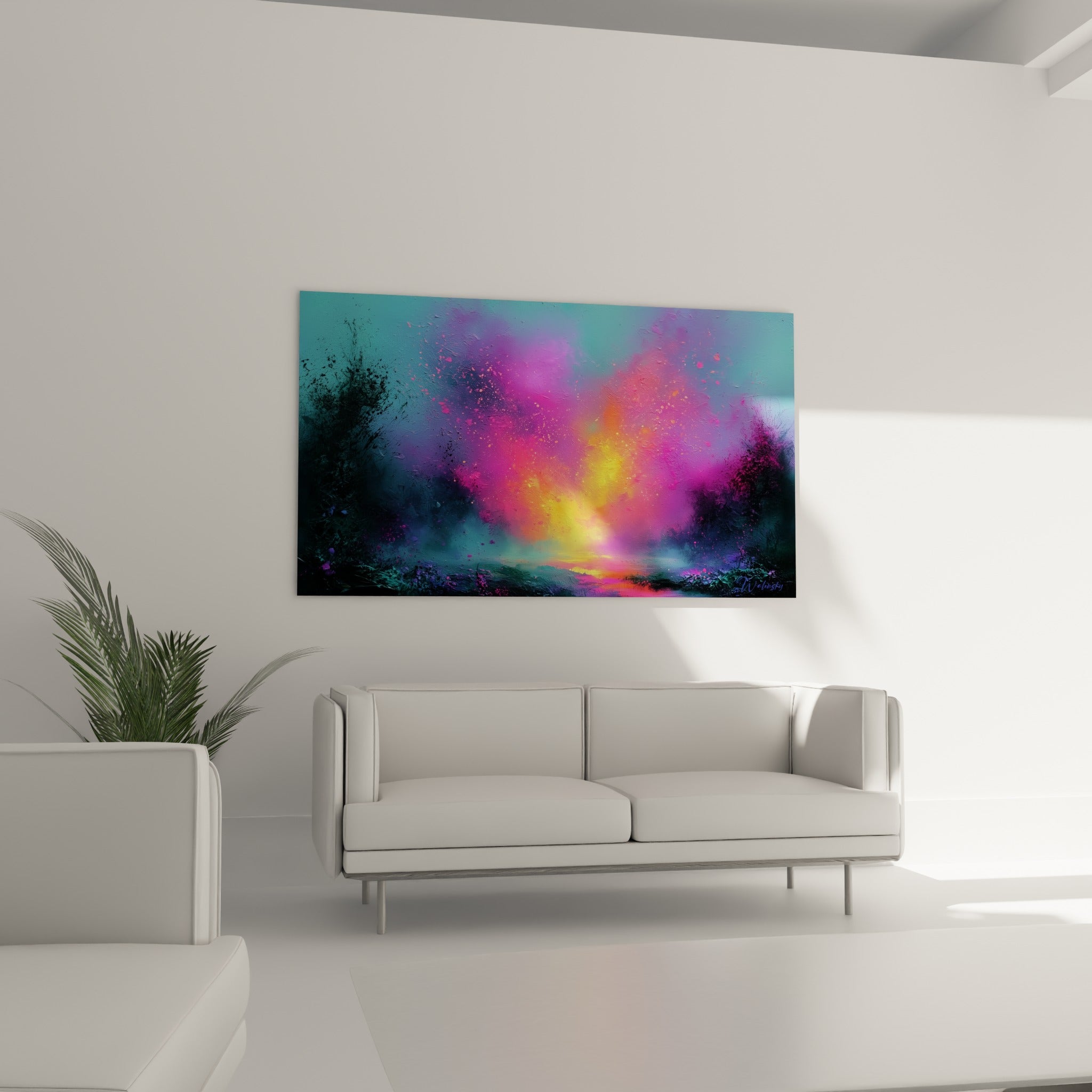 Éclat magenta et jaune irradiant depuis un fond turquoise, au-dessus d'un canapé dans un salon lumineux