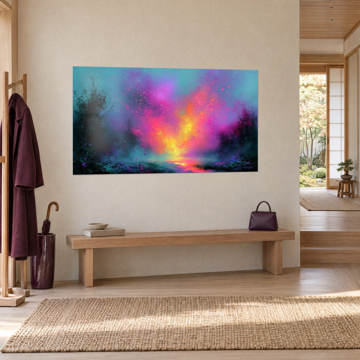 Schilderij gloeiende uitbarsting in oranje en violet die opstijgt uit turquoise nevel, driekwartaanzicht, japandi gang, houten bank