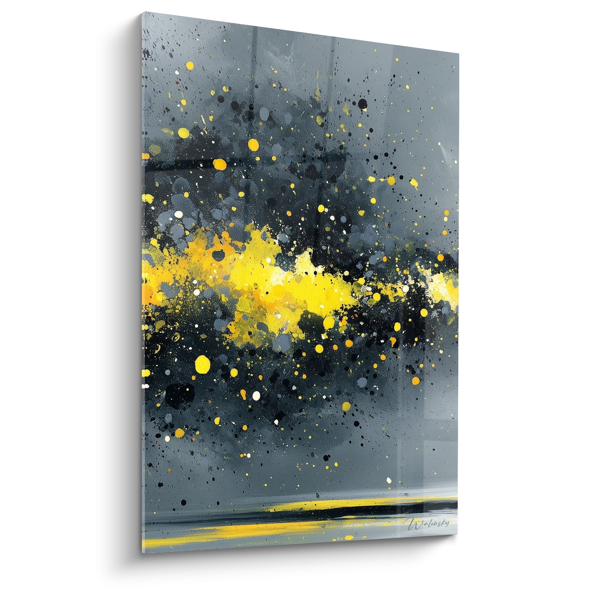 Éclaboussures jaune doré et gris anthracite en explosion picturale sur toile abstraite