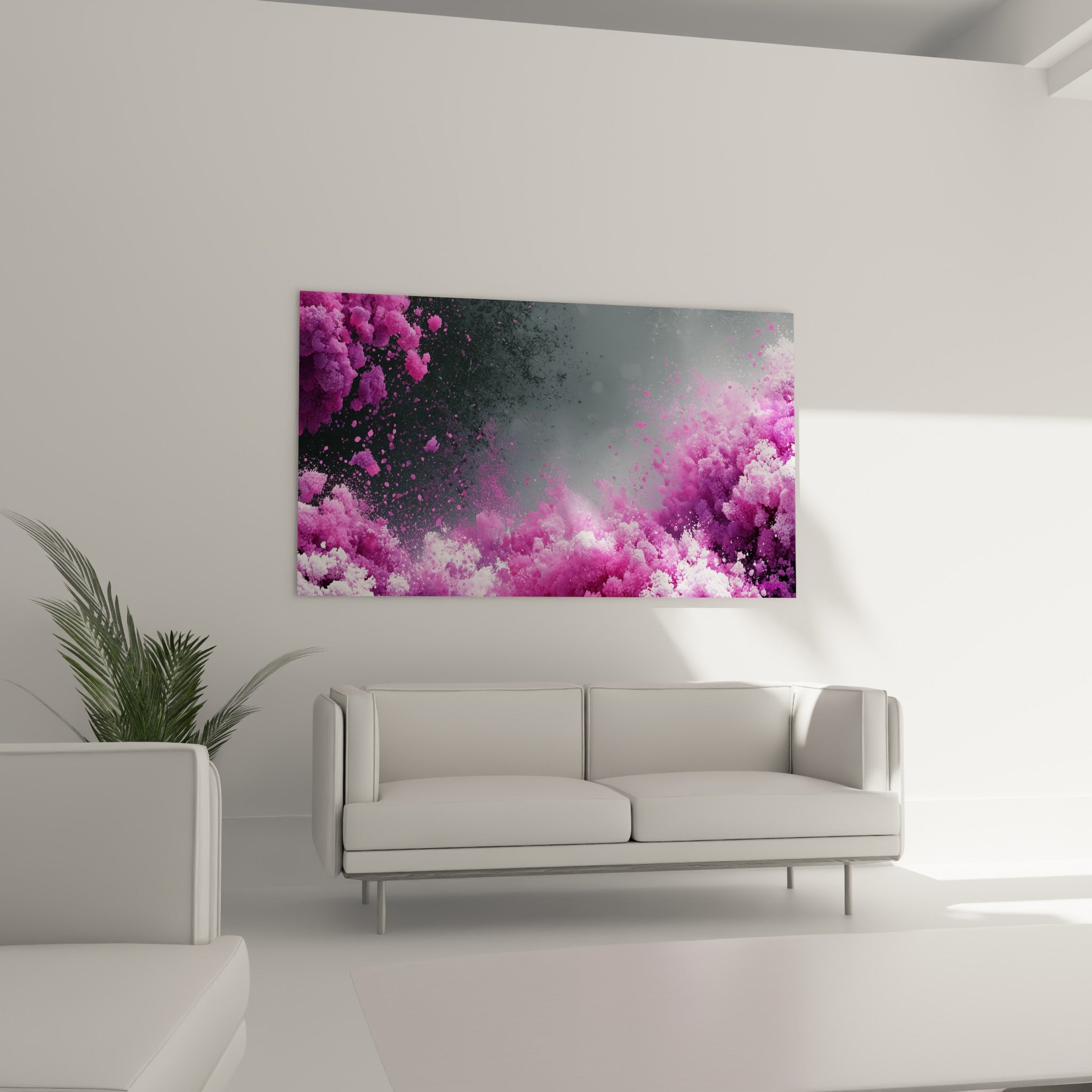 Éclats de poudre fuchsia et anthracite en mouvement suspendu, au-dessus d'un canapé dans un salon lumineux