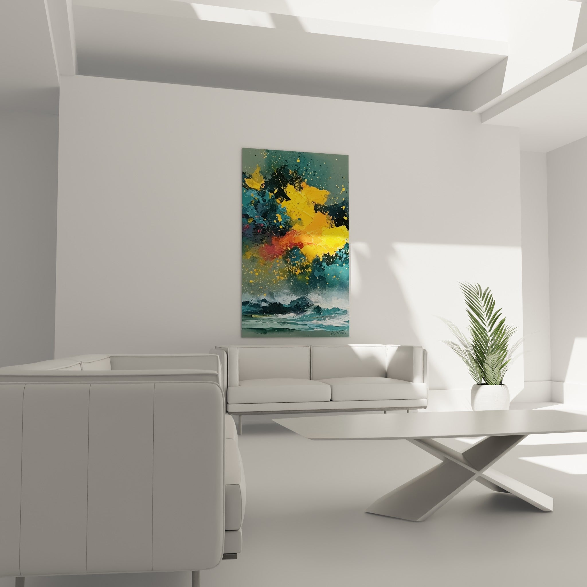 Éclats orange et jaune contrastant avec des vagues bleu-vert, disposés au-dessus d'un canapé dans un salon lumineux