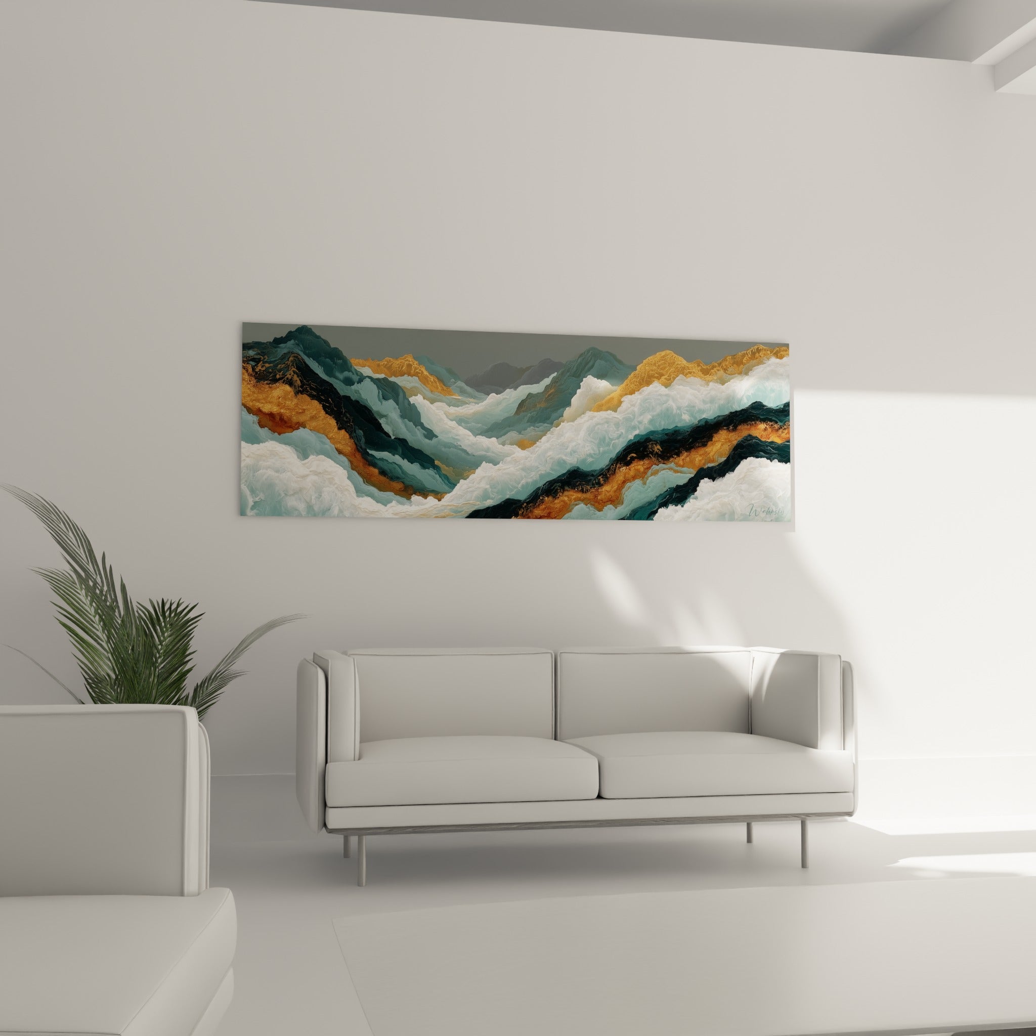 Crêtes d'écume blanche et veines dorées, tableau Abstrait Coloré au-dessus d'un canapé dans un salon lumineux