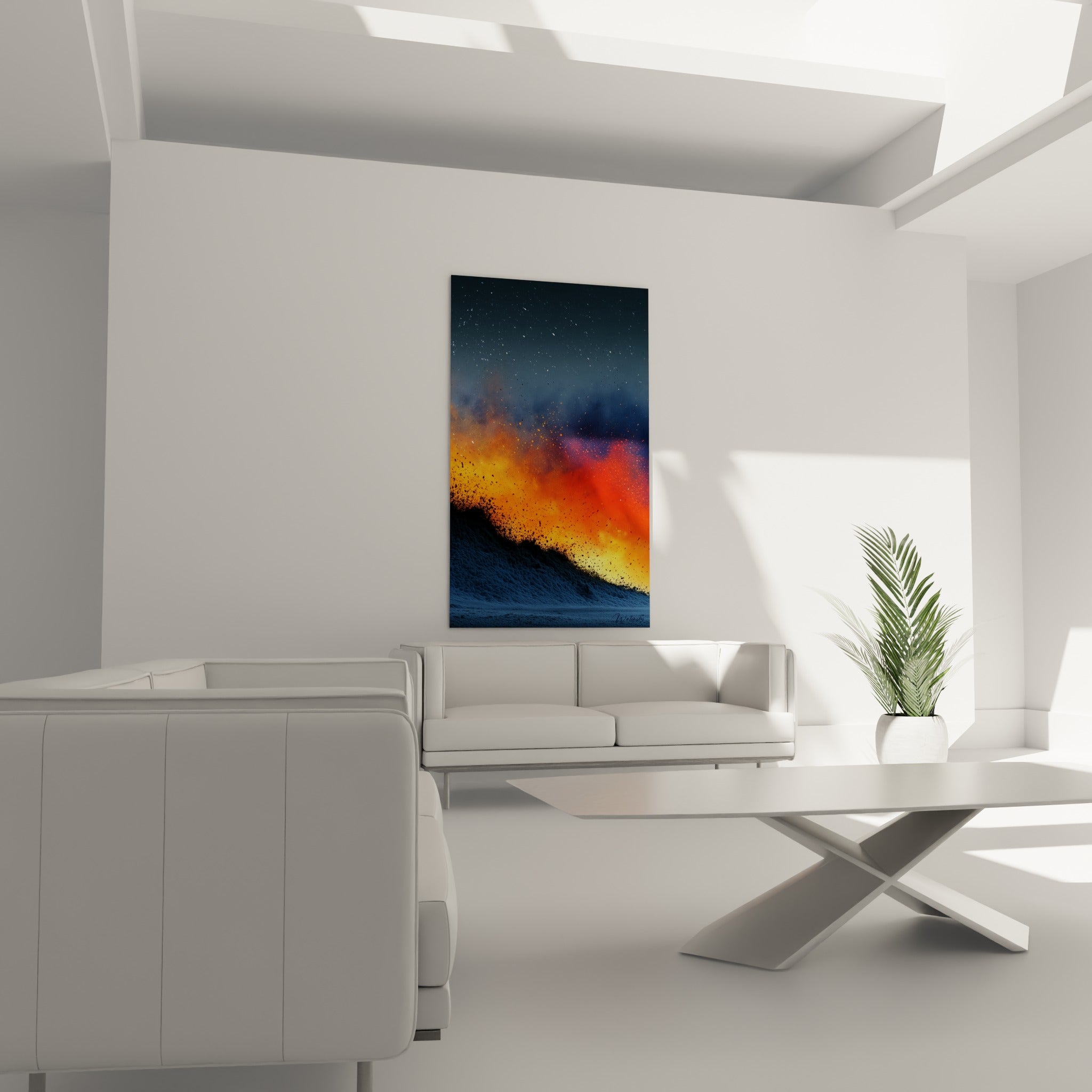 Embrasement orangé et anthracite au-dessus d'un canapé dans un salon lumineux