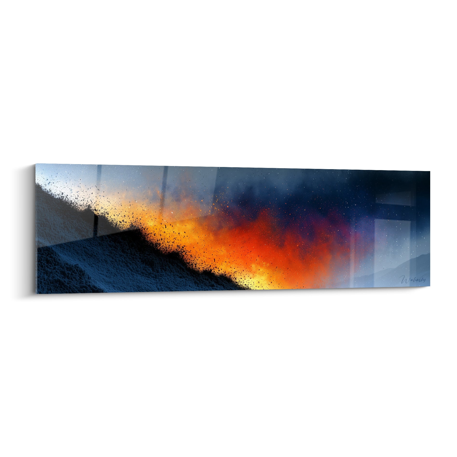 Éruption abstraite orange et bleu marine, particules incandescentes sur fond nocturne étoilé anthracite