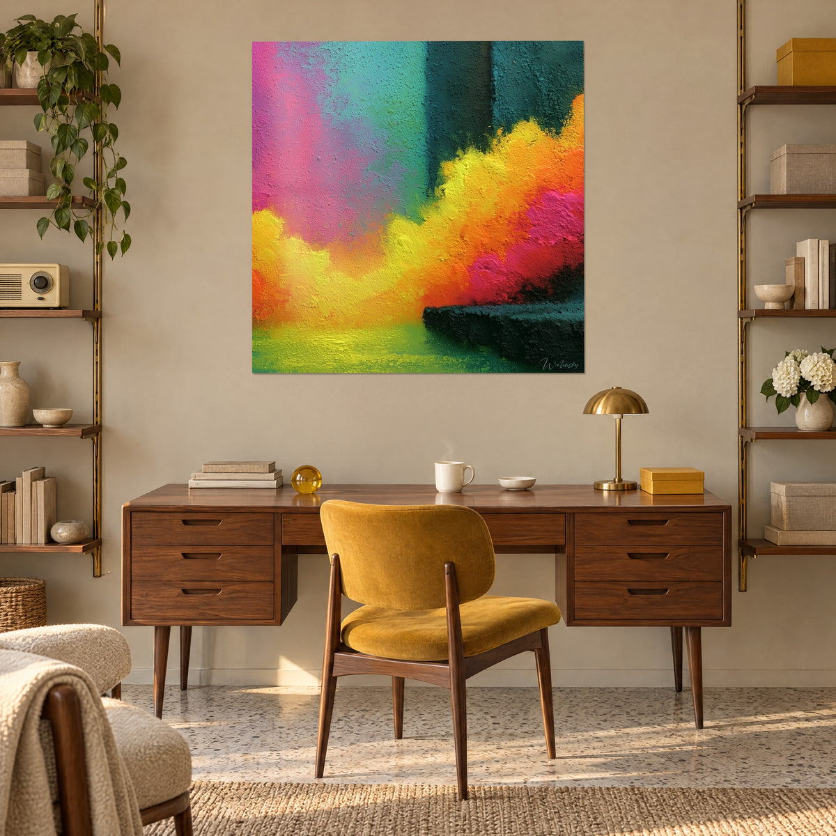 Abstract schilderij met gele en roze impasto-streken op diep groene muur, boven een notenhouten bureau en een mosterdgele fauteuil gehangen