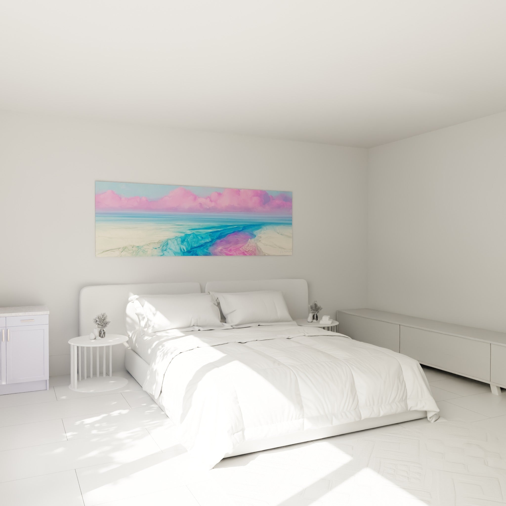 Estuaire rose et violet traversant un rivage bleu pastel, accroché au-dessus d'un lit dans une chambre claire