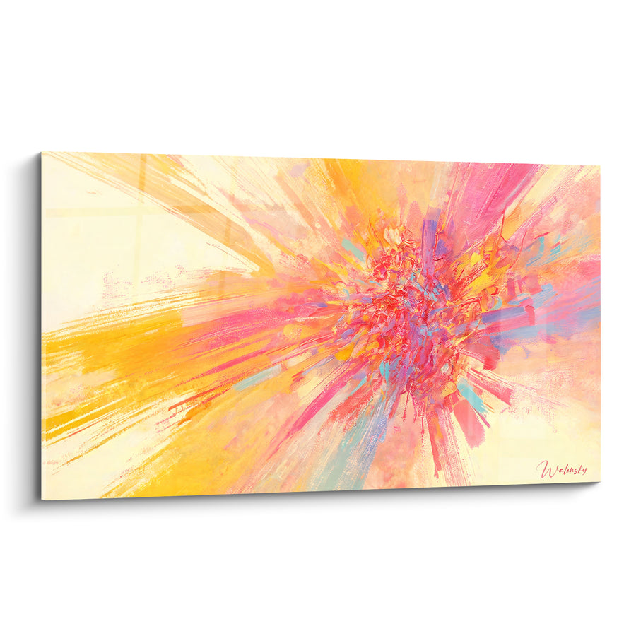 Tableau Explosion florale aux couleurs dorées et roses - Jaillissement lumineux - Edition Abstrait Coloré