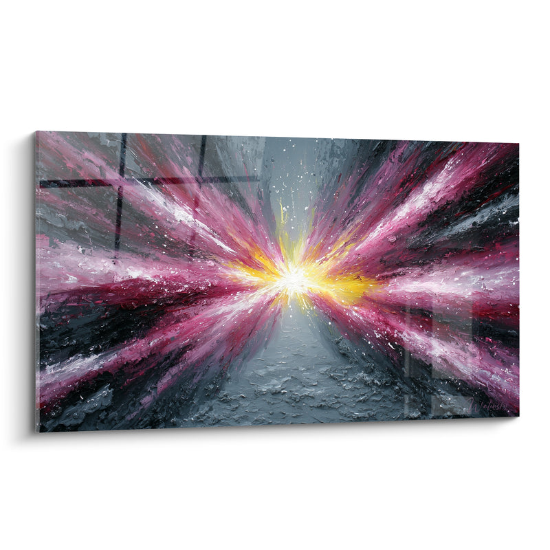 Tableau Explosion stellaire magenta et grise aux éclats dorés - Point de convergence lumineux - Edition Abstrait Coloré