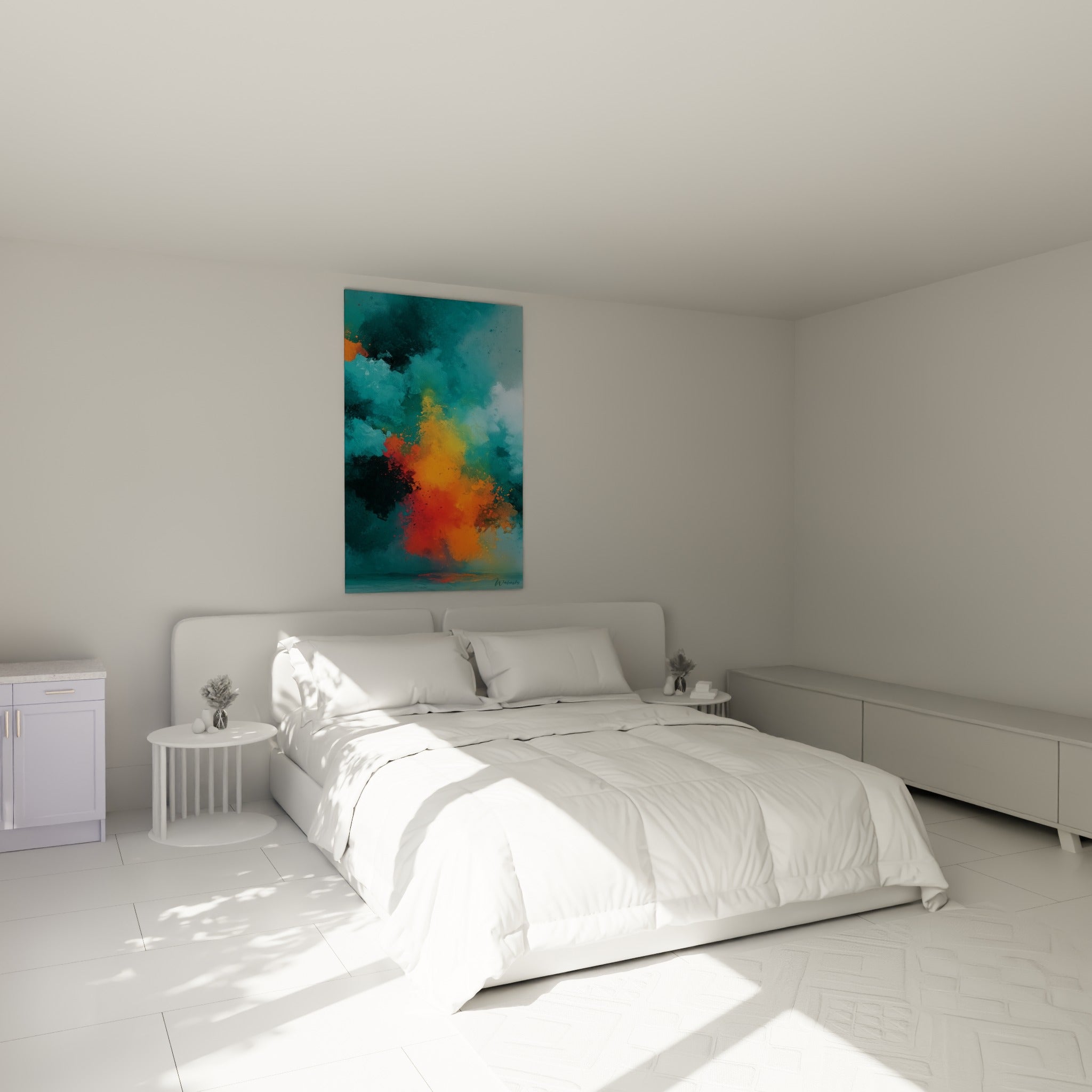 Explosion colorée orange et turquoise, tableau Abstrait Coloré au-dessus d'un lit dans une chambre claire