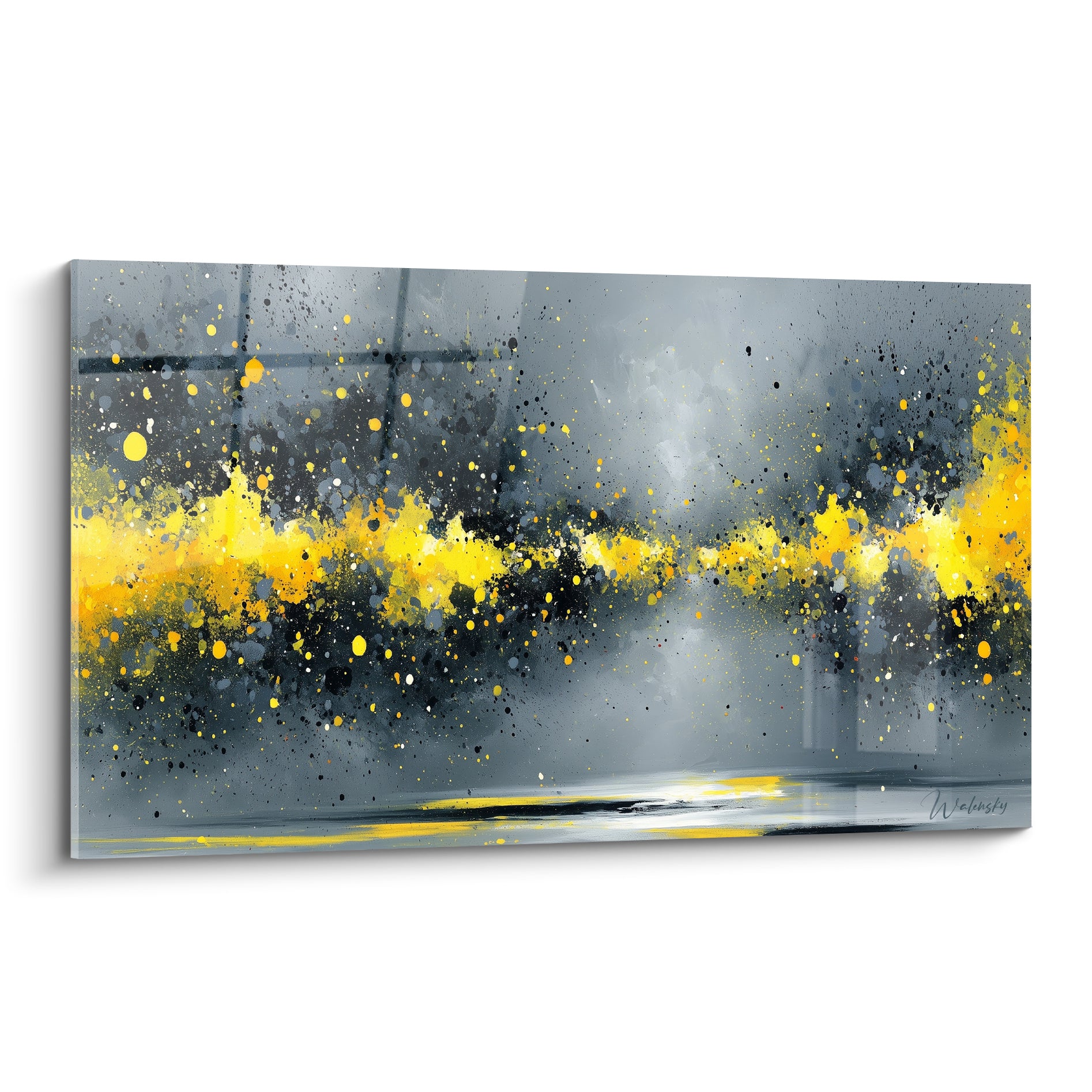 Nuée jaune moutarde et grise éclatée traversant une brume anthracite dense sur ce tableau abstrait coloré