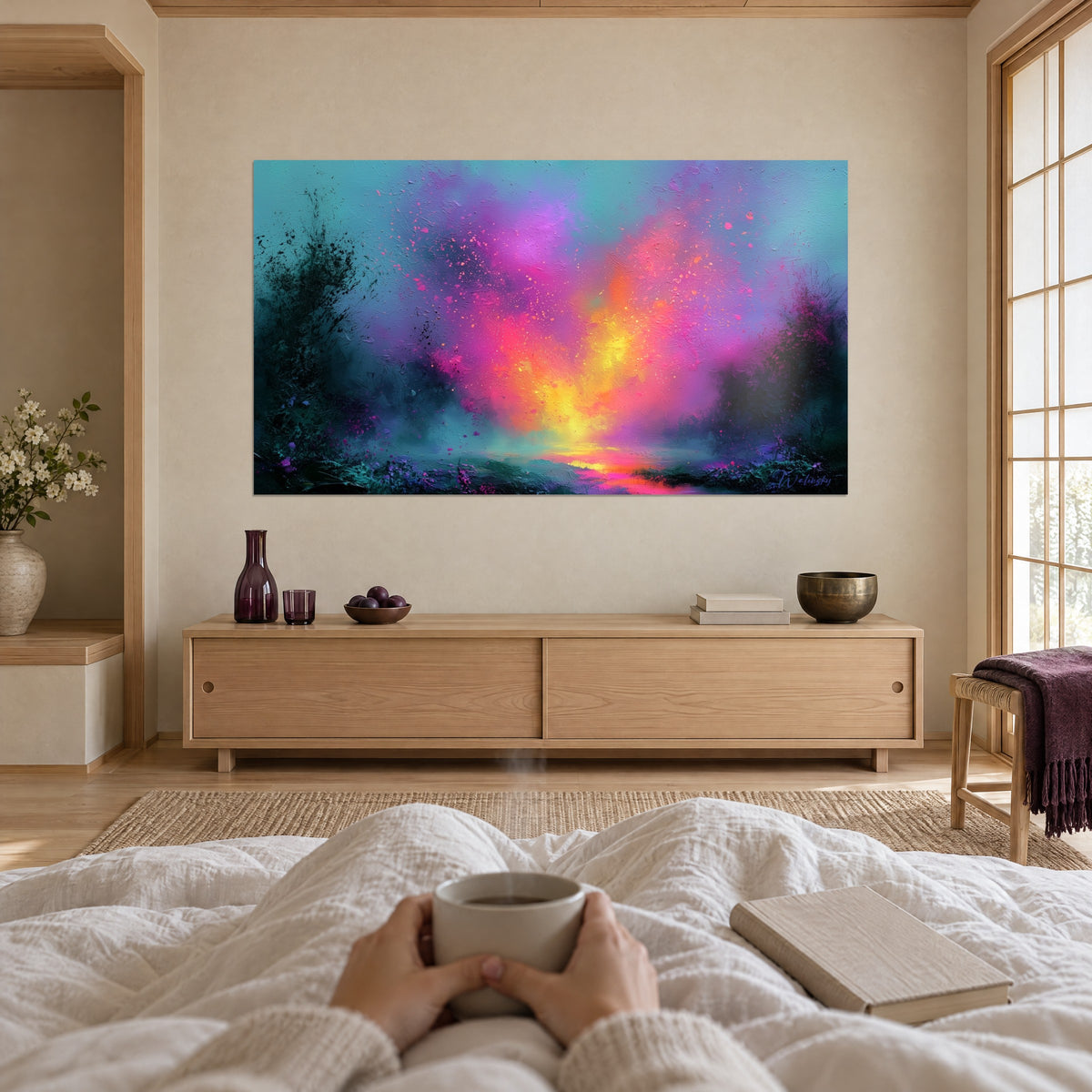 Schilderij vlammend ontwaken in magenta en goudgeel op een turquoise hemel, dik verfpakket, pruimkleurig plaid, boven een bed in een lichte slaapkamer