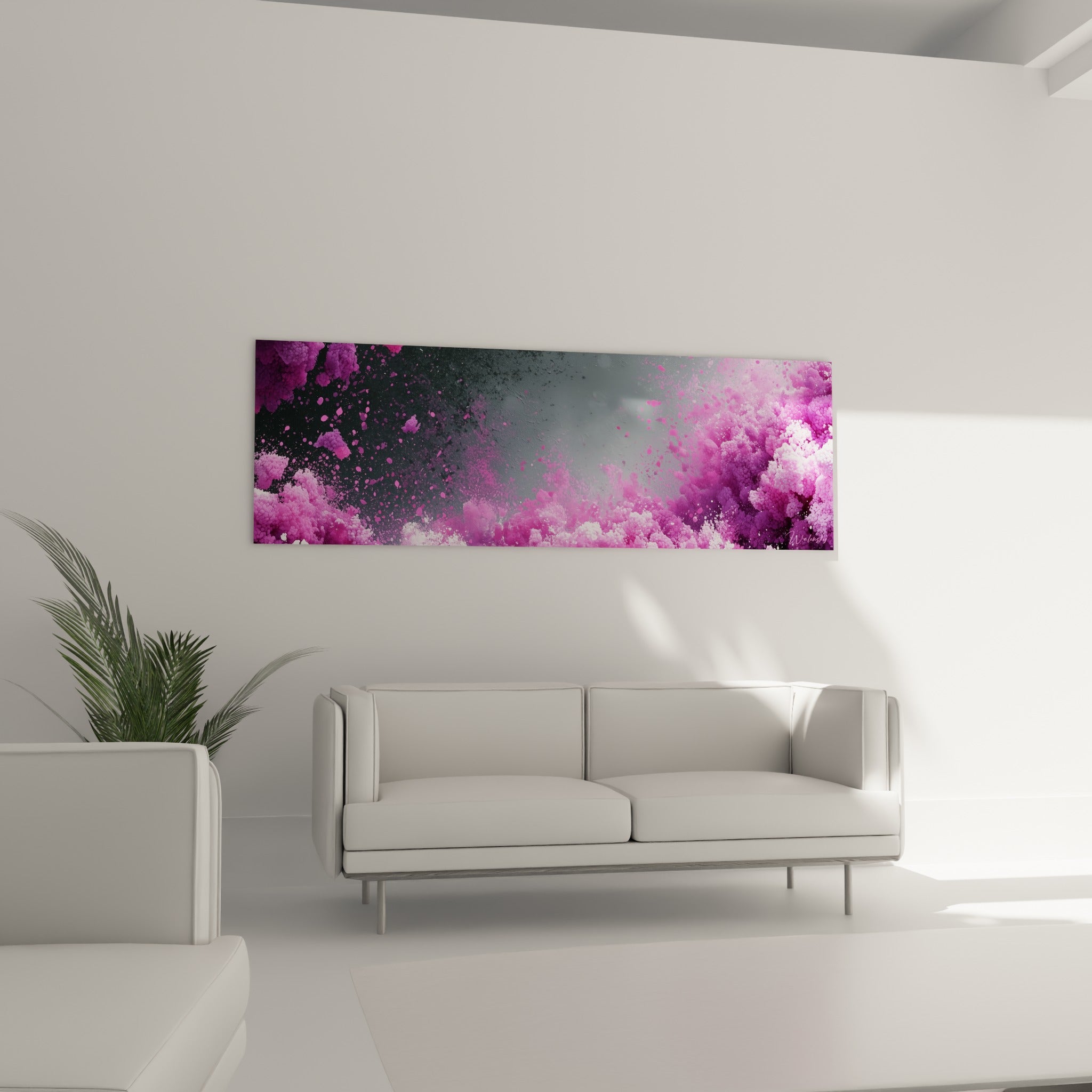 Éclats magenta et gris Abstrait Coloré au-dessus d'un canapé dans un salon lumineux