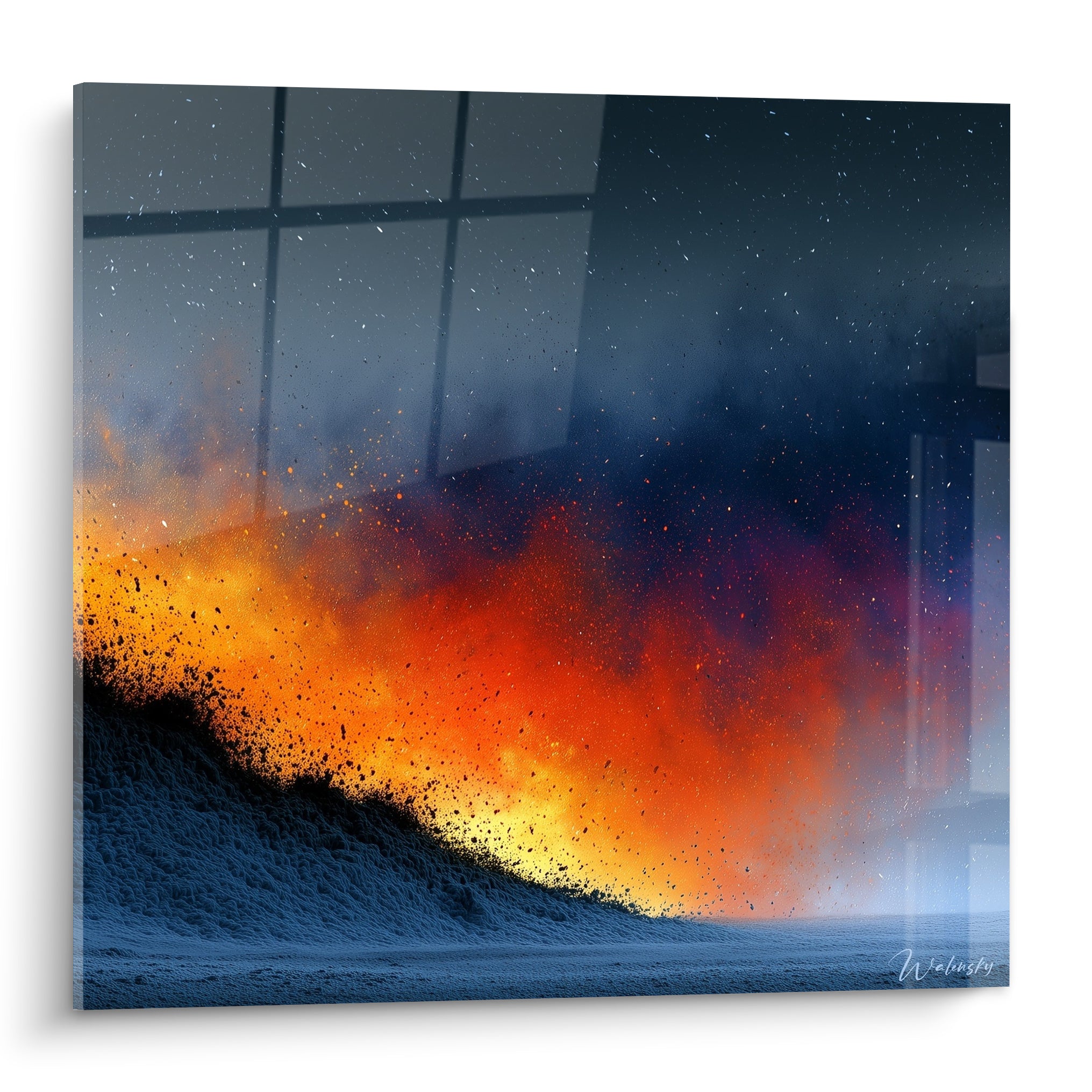 Explosion orange et bleu marine se propageant en particules incandescentes sur fond nocturne étoilé