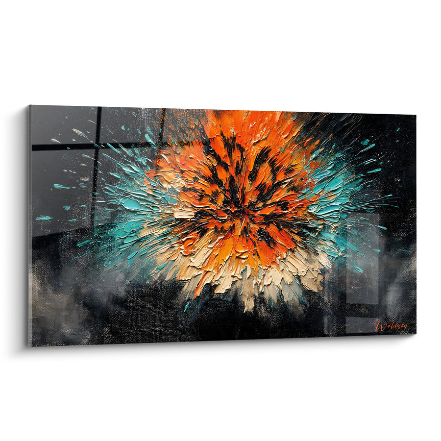 Tableau Déflagration orange et turquoise aux fines fissures noires - Brume grise environnante - Edition Abstrait Coloré