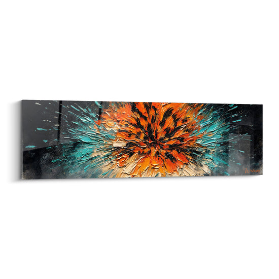Tableau Déflagration orange et turquoise sur noir profond - Onde de choc - Edition Abstrait Coloré