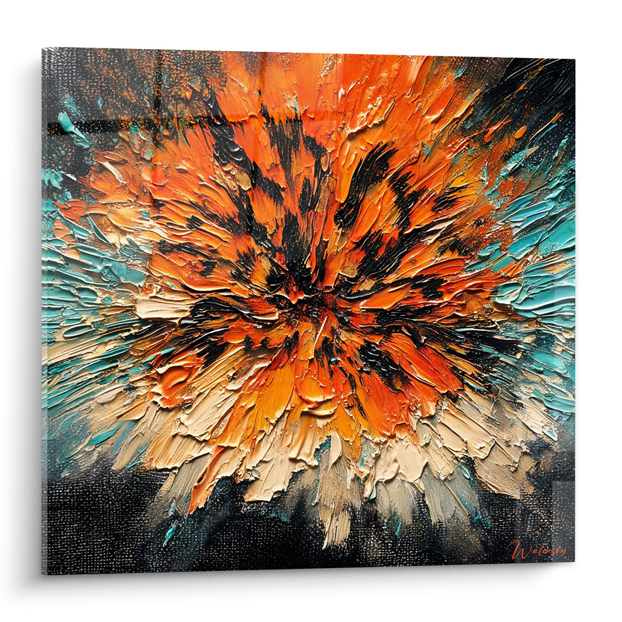 Tableau Explosion florale orange et turquoise épaisse - Déflagration suspendue - Edition Abstrait Coloré